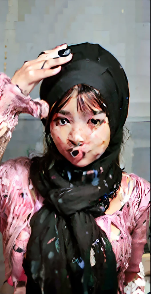 there is a woman wearing a black scarf and a pink shirt, hijab, face is wrapped in a black scarf, with accurate face, ulzzang, she has a cute face, asian face, portait photo profile picture, 🤤 girl portrait, aesthetic!!!!!! female genie, 8k selfie photograph, aesthetic face, ruan cute vtuber, dilraba dilmurat