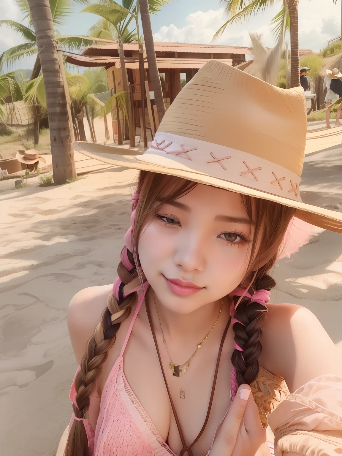 Arafeld girl with pink braids in brown cowboy hat, with straw hat, blackpink jennie, xintong chen, lalisa manobal, with hat, wearing a cute hat, wearing a chocker and cute hat, roseanne park of blackpink, lalisa manoban of blackpink, Pink cowboy hat, Porquimane, braid hairstyle, Anime Thai girl