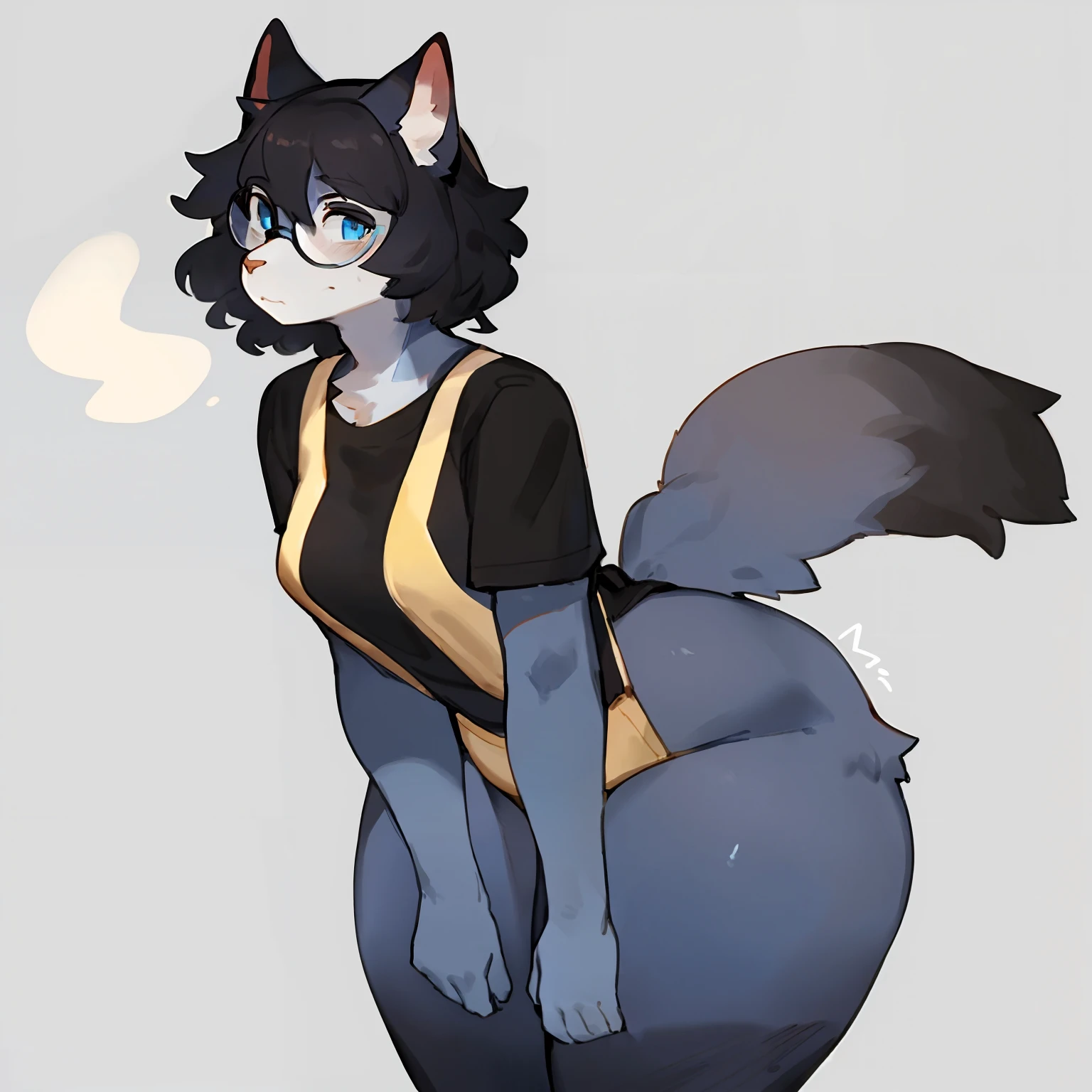 by bebebebebe, by goonie-san, by bigcozyorca, by buta99, solo, female, standing, feline, (((detailed eyes, glasses))), thick thighs, thicc, plump, medium hair, ((snout)), tail, smoky colored fur, grey fur, dark fur, black hair, ((wavy hair, short hair, swept fringe)), blue eyes, blue , ,