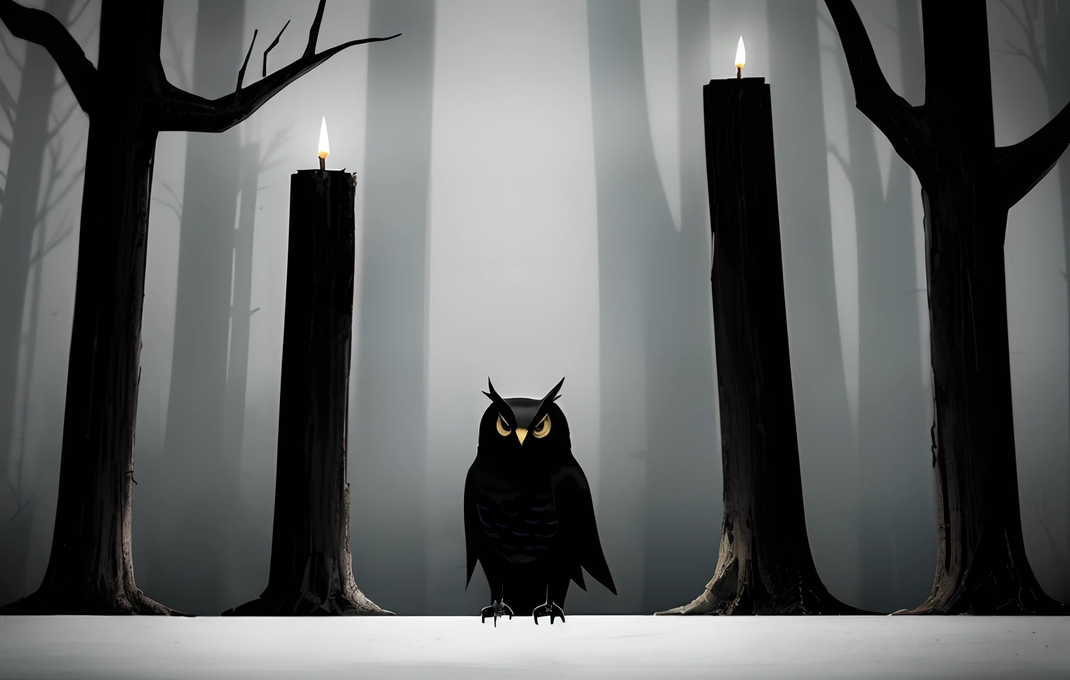 Black and white owl holding a candle :2 , standing on top of a cut tree, night time, the warm light of the candle contrast with the dark colors, evoking an eerie ambiance with its enigmatic aura and minimalist silhouette, against a mysterious dark background. a black and white minimalist owl, creating an eerie and enigmatic atmosphere, dark forest backround.