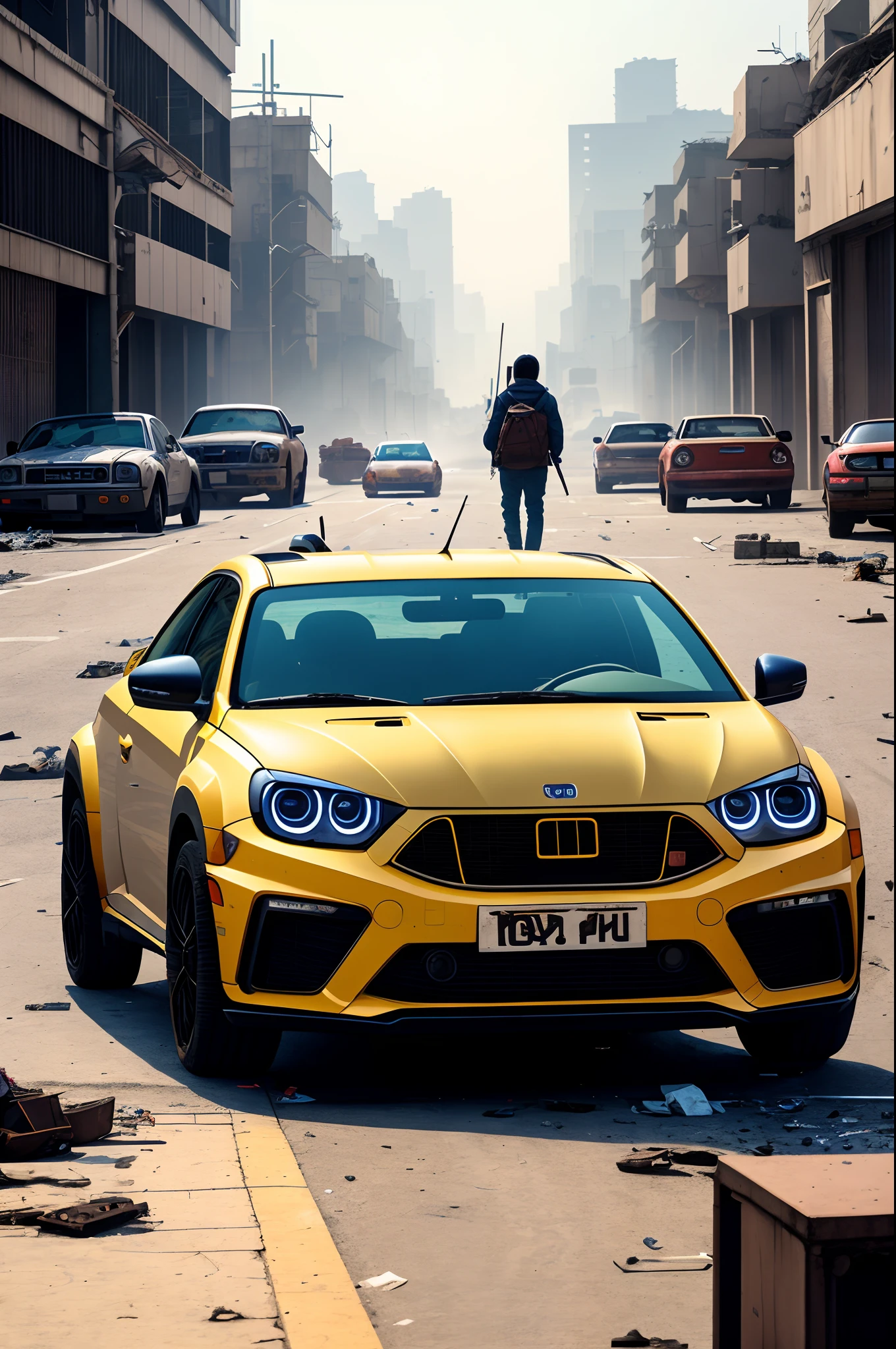 Highest image quality、hyper HD、tmasterpiece、8K quality,Abandoned,废墟,Broken vehicles,Dirty streets, com cores neutras,cinema shot,the complex background,llight rays,A pug,Lonely looking for food on the street