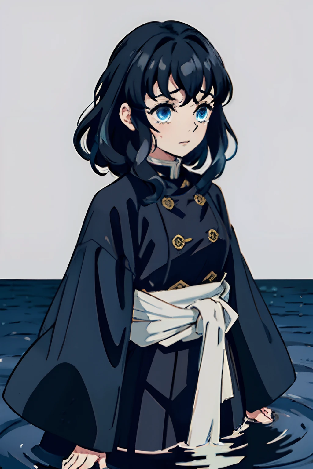 Kimetsu no Yaiba style, 1girl, Medium curly hair,  Sloppy hair, navy blue hair, Two curly strands in front, Bangs, blue eyes,  japanese clothes, ((Open black coat)), ((white hem at the waist)), 独奏,  ((portraite of a)), ((Masterpiece)), (((hiquality))), (((upper-body))), Dark forest in the background, standing knee-deep in water, luna, tears on my face