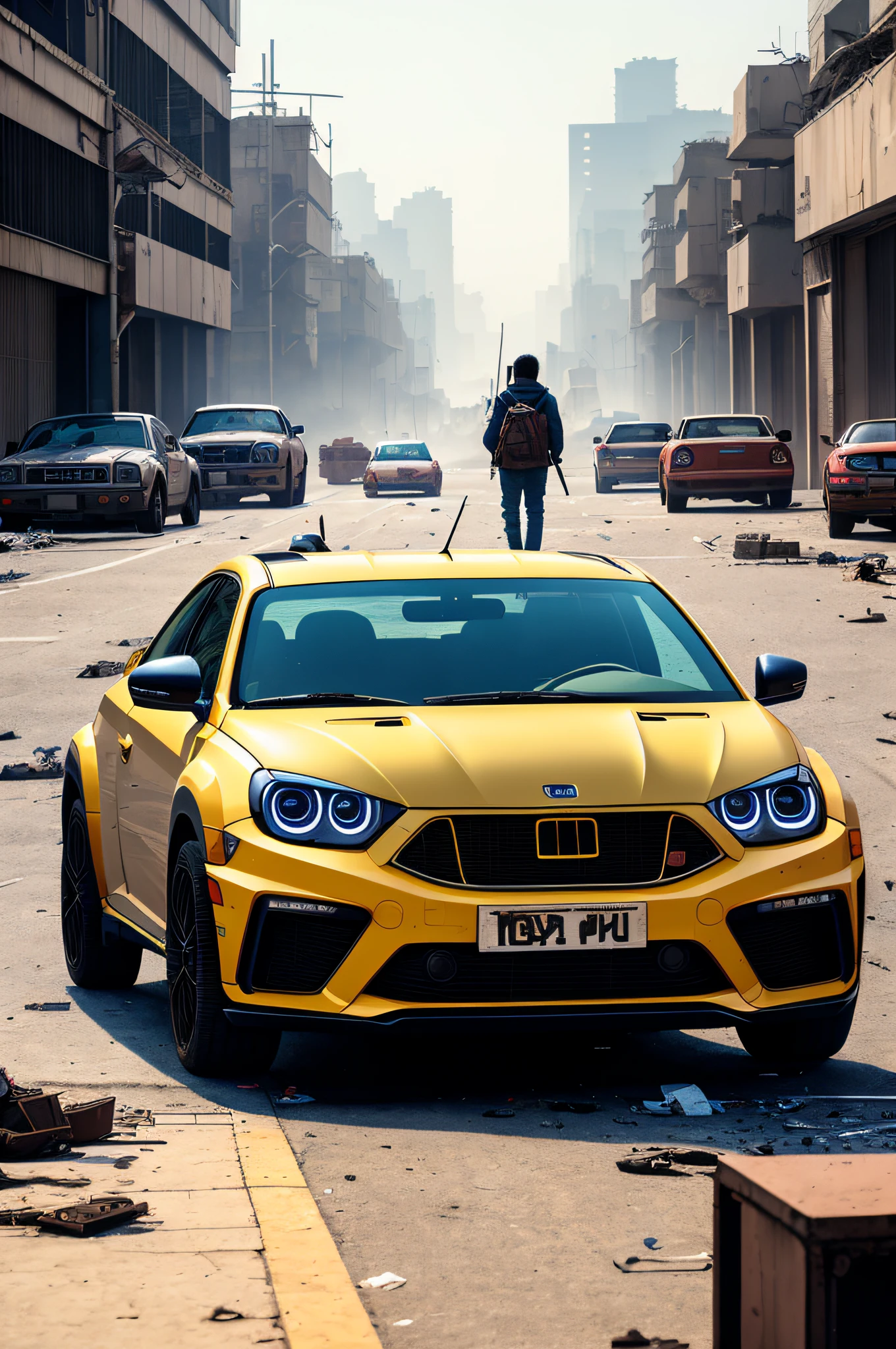 Highest image quality、hyper HD、tmasterpiece、8K quality,Abandoned,废墟,Broken vehicles,Dirty streets, com cores neutras,cinema shot,the complex background,llight rays,A pug,Lonely looking for food on the street