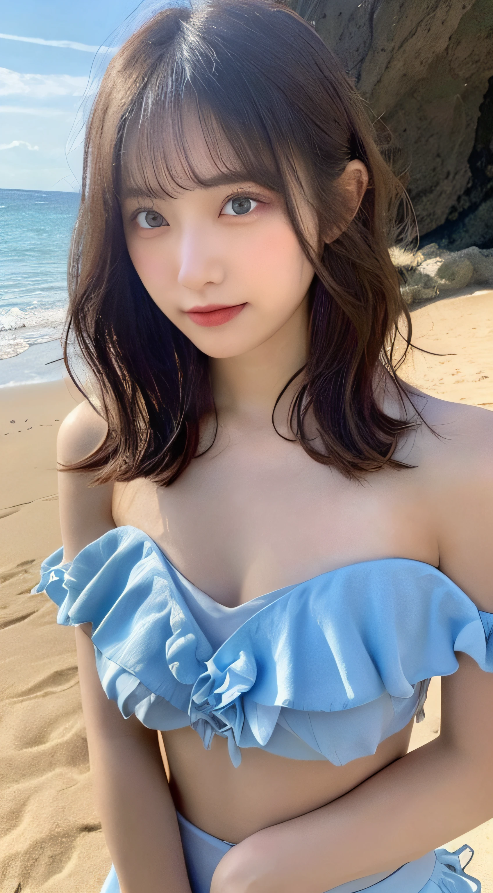 ((Best Quality, 8K, Masterpiece: 1.3)), Sharp: 1.2, Perfect Body Beauty: 1.4, Slim Abs: 1.2, ((Layered Hairstyle, Big Breasts: 1.2)), (Nude: 1.1), (beautiful beach: 1.2), Wet: 1.5, Highly Detailed Face and Skin Texture, Detailed Eyes, Double Eyelids, Looking at the Camera
BREAK
(((Ruffle bikini, Beach dress)))