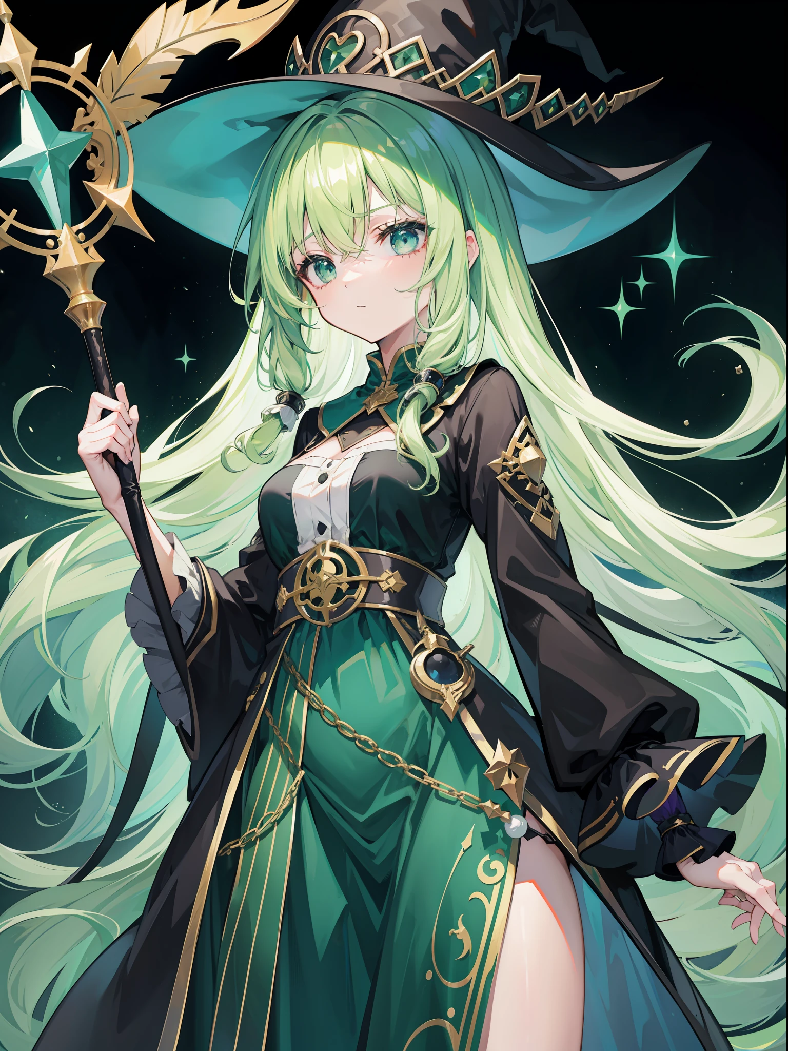 Beautiful girl with green hair,long whitr hair,curlies,Wears a black witch hat,Dressed in magical costumes,Staff in hand,抖S,face expressionless