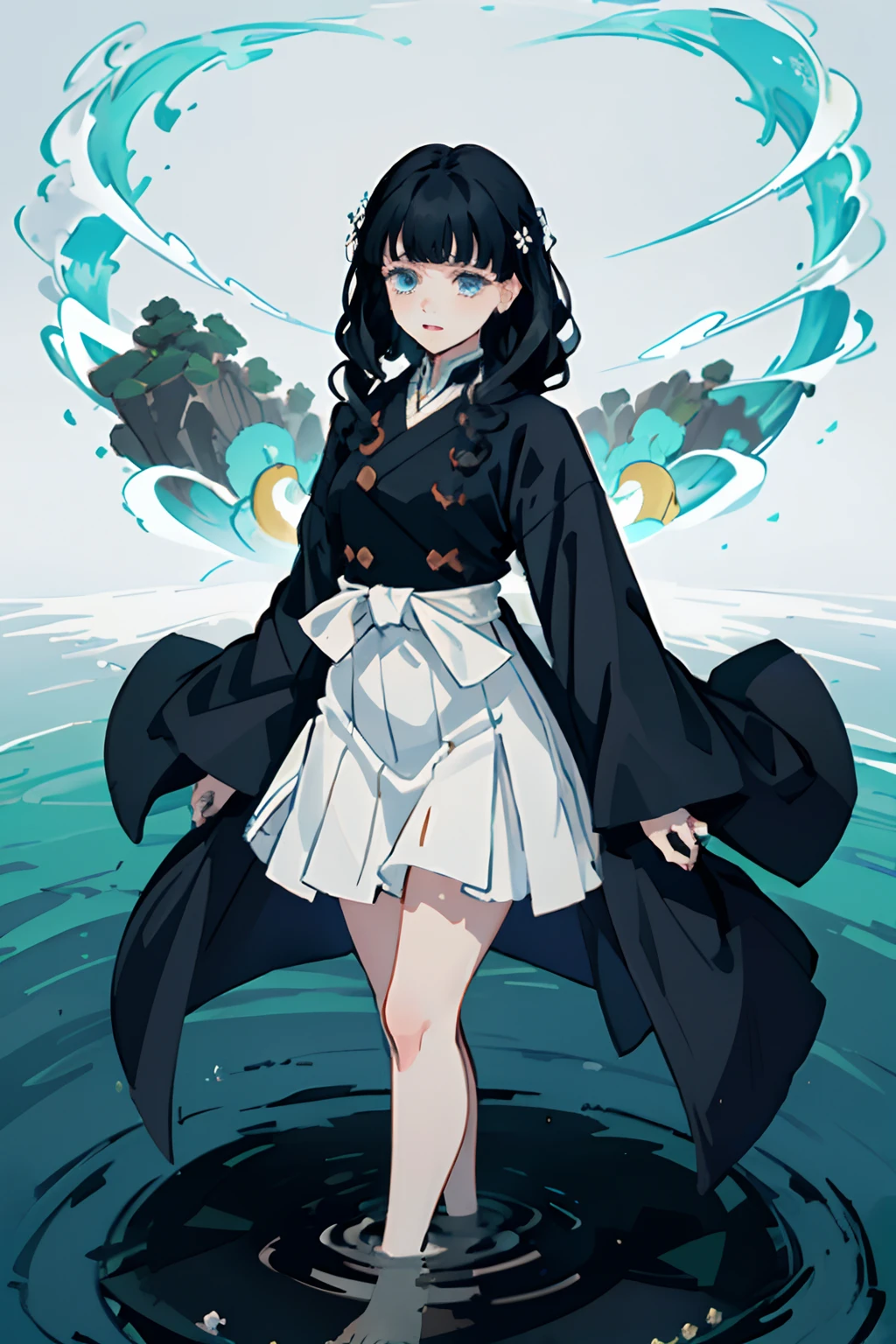 Kimetsu no Yaiba style, 1girl, Medium curly hair,  Sloppy hair, navy blue hair, Two curly strands in front, Bangs, blue eyes,  japanese clothes, ((Open black coat)), ((white hem at the waist)), 独奏,  ((portraite of a)), ((Masterpiece)), (((hiquality))), Dark forest in the background, standing knee-deep in water, luna, tears on my face