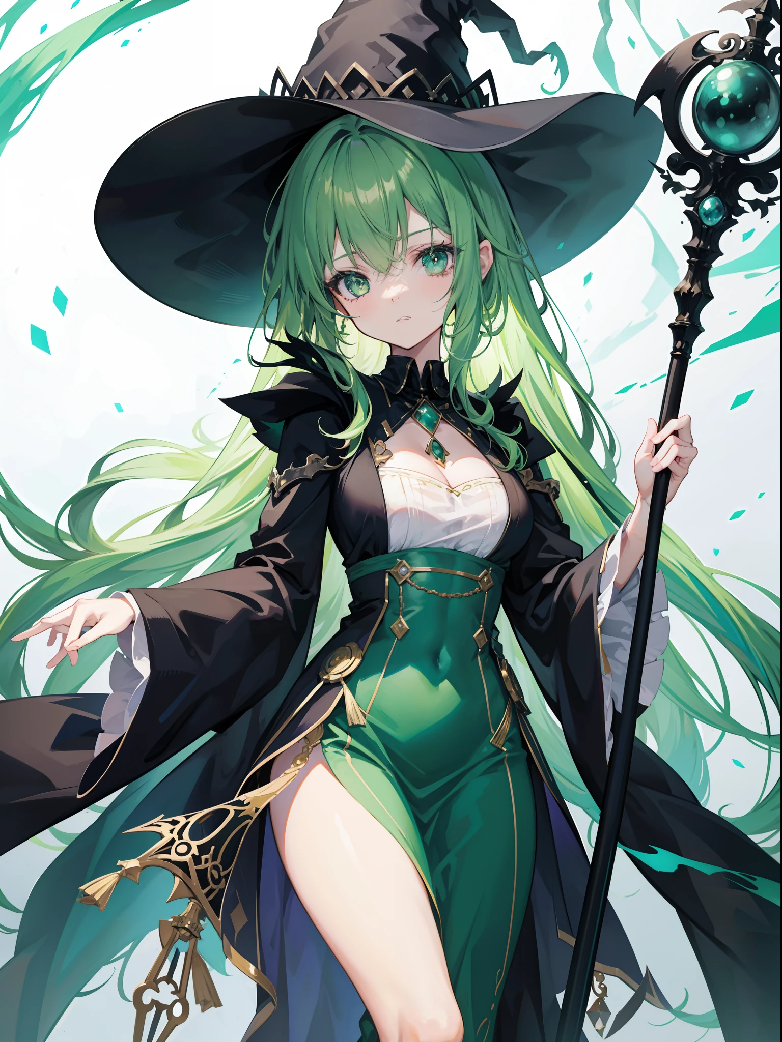Beautiful girl with green hair,long whitr hair,curlies,Wears a black witch hat,Dressed in magical costumes,Staff in hand,抖S,face expressionless