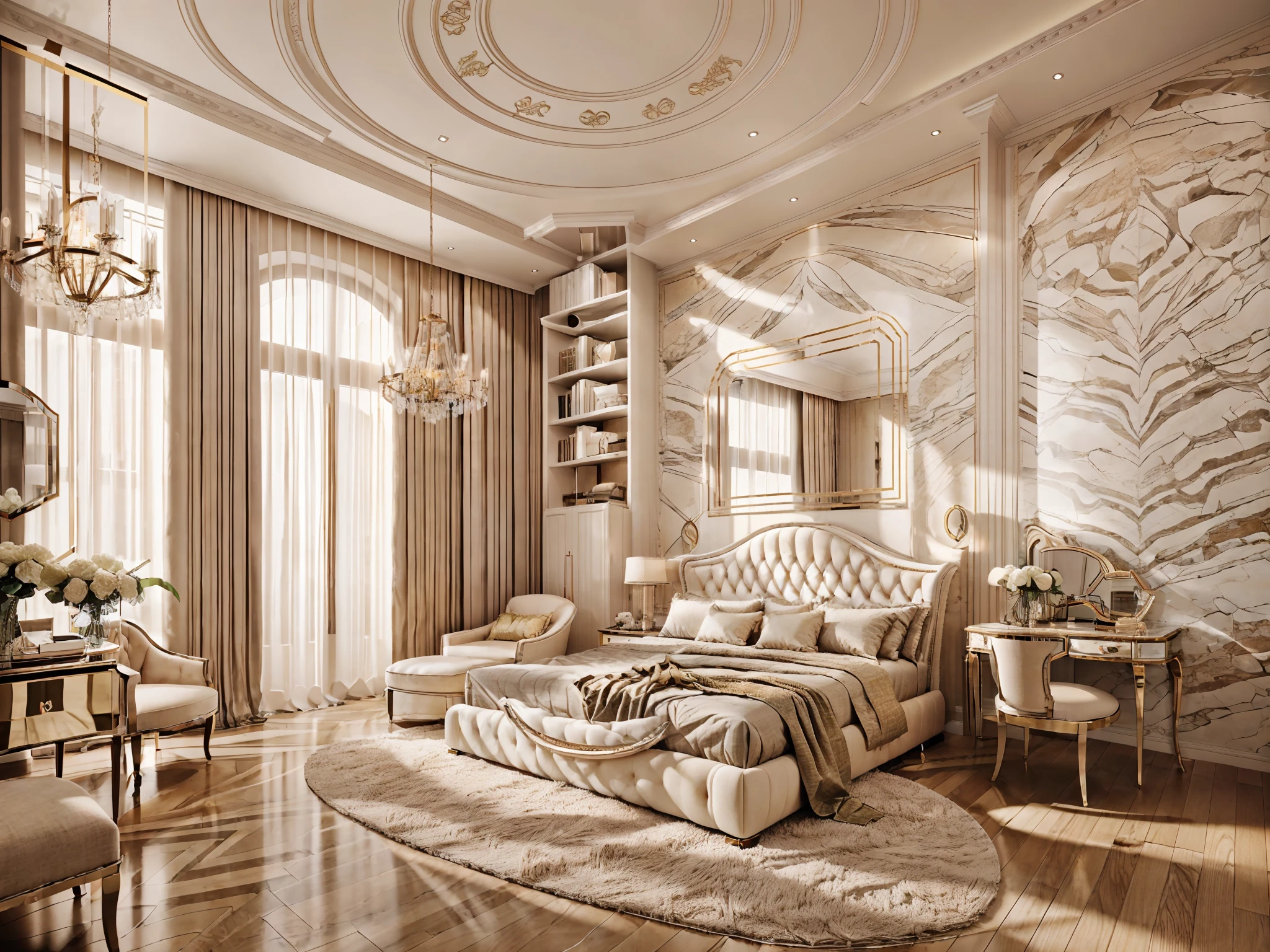 Super realistic, super detailed bedroom.
luxury neoclassical style bedroom.
There is a large bed, a dressing table, a wardrobe, and a relaxing chair. white ceiling, natural light through the door with shadow, yellow light, glass door, high ceiling curtain,