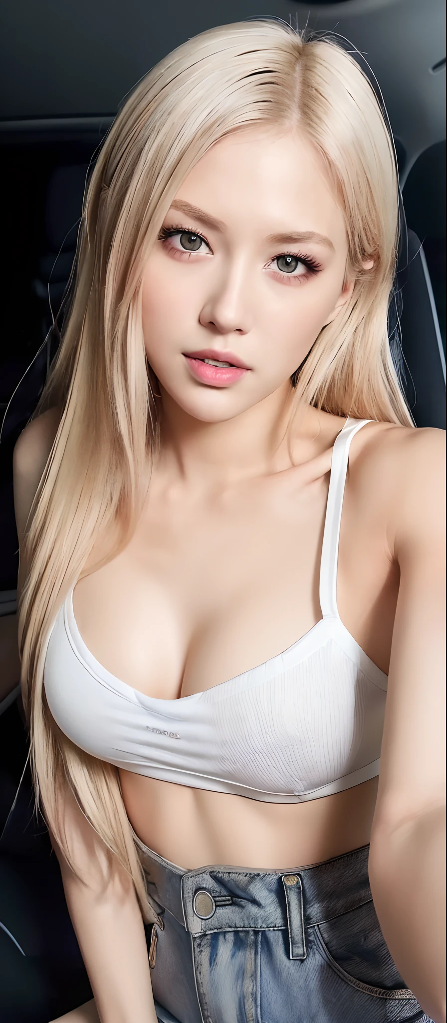 ((Midnight, Best quality, 8k, Masterpiece :1.3)), face close up, Sharp focus, A pretty woman with perfect figure, Slender abs, slender thigh, ((blonde hair, Big breasts)), (White tight tshirt, Jean bib, selfie), ((Night, car seat)), Highly detailed face and skin texture, Detailed eyes, Double eyelid, smile