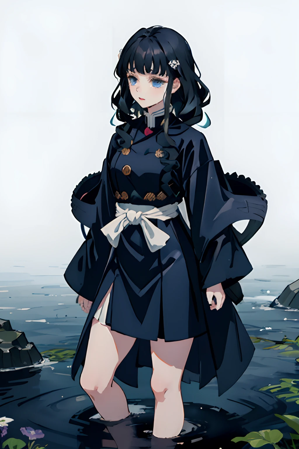 Kimetsu no Yaiba style, 1girl, Medium curly hair,  Sloppy hair, navy blue hair, Two curly strands in front, Bangs, blue eyes,  japanese clothes, ((Open black coat)), ((white hem at the waist)), 独奏,  ((portraite of a)), ((Masterpiece)), (((hiquality))), Dark forest in the background, standing knee-deep in water, luna, tears on my face