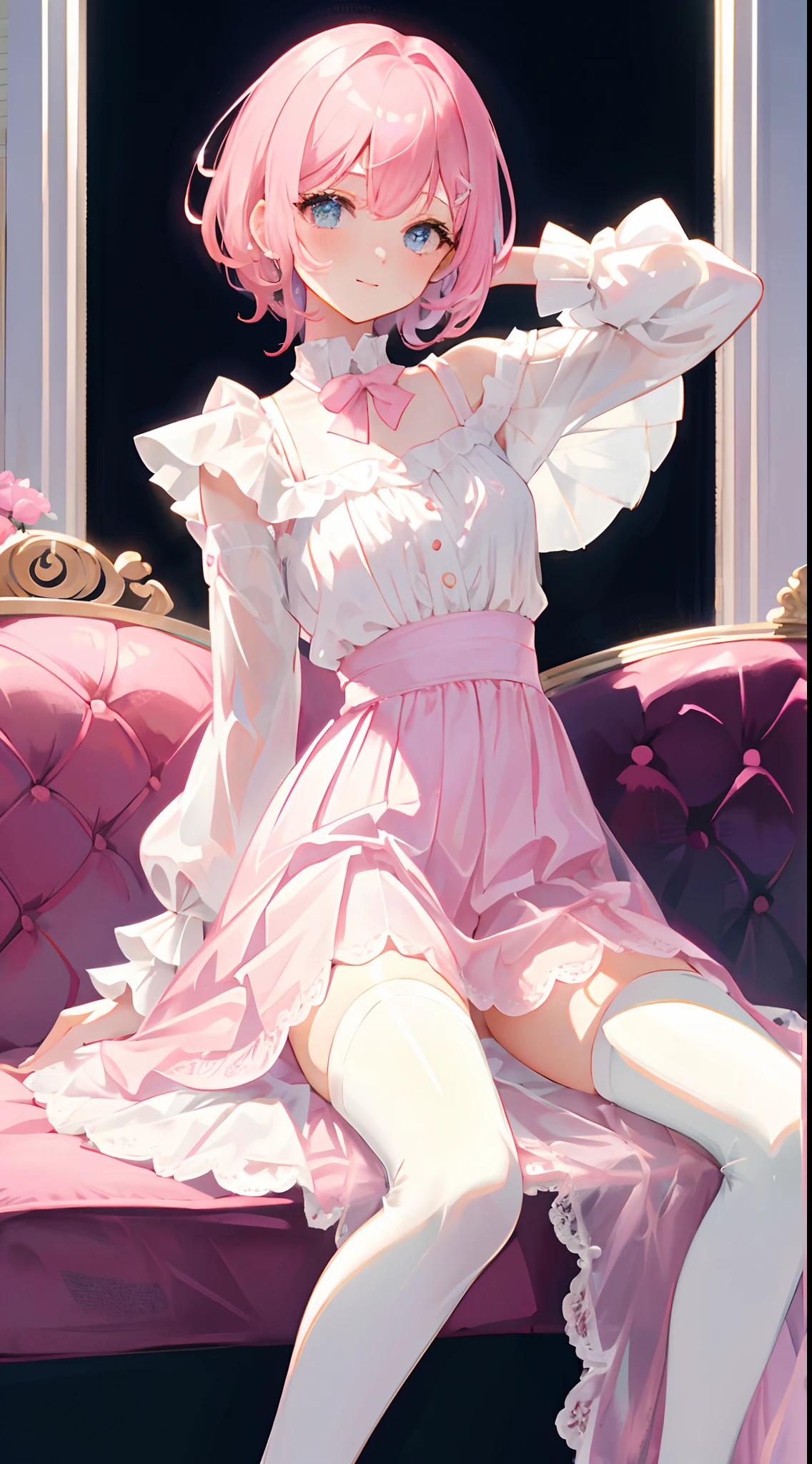 hair bow, pink ribbon, drill hair, green eyes, short hair, pink dress, white bloomers, white pantyhose, hinaichigo, (masterpiece, Absurd quality, Highest quality, Official Art, beautifully、aesthetic:1.2), 16K, Cute girl, Very detailed, Digital Art, colorful, Most detailed, Bright colors, (Conversion Sequence), Baby Face, Cinema Lighting, Dynamic Angle, landscape, scenery, (difficult:1.5), (One girl:1.5), (indoor:1.5), Bedroom, lamp, (Hotel Rooms:1.3), (Very detailed lips:1.3), eyelash, Very detailed顔, (Perfect Legs, Perfect hands, Perfect Anatomy:1.1), Depth of written boundary, Speckled sunlight, Beautiful lighting, Little,