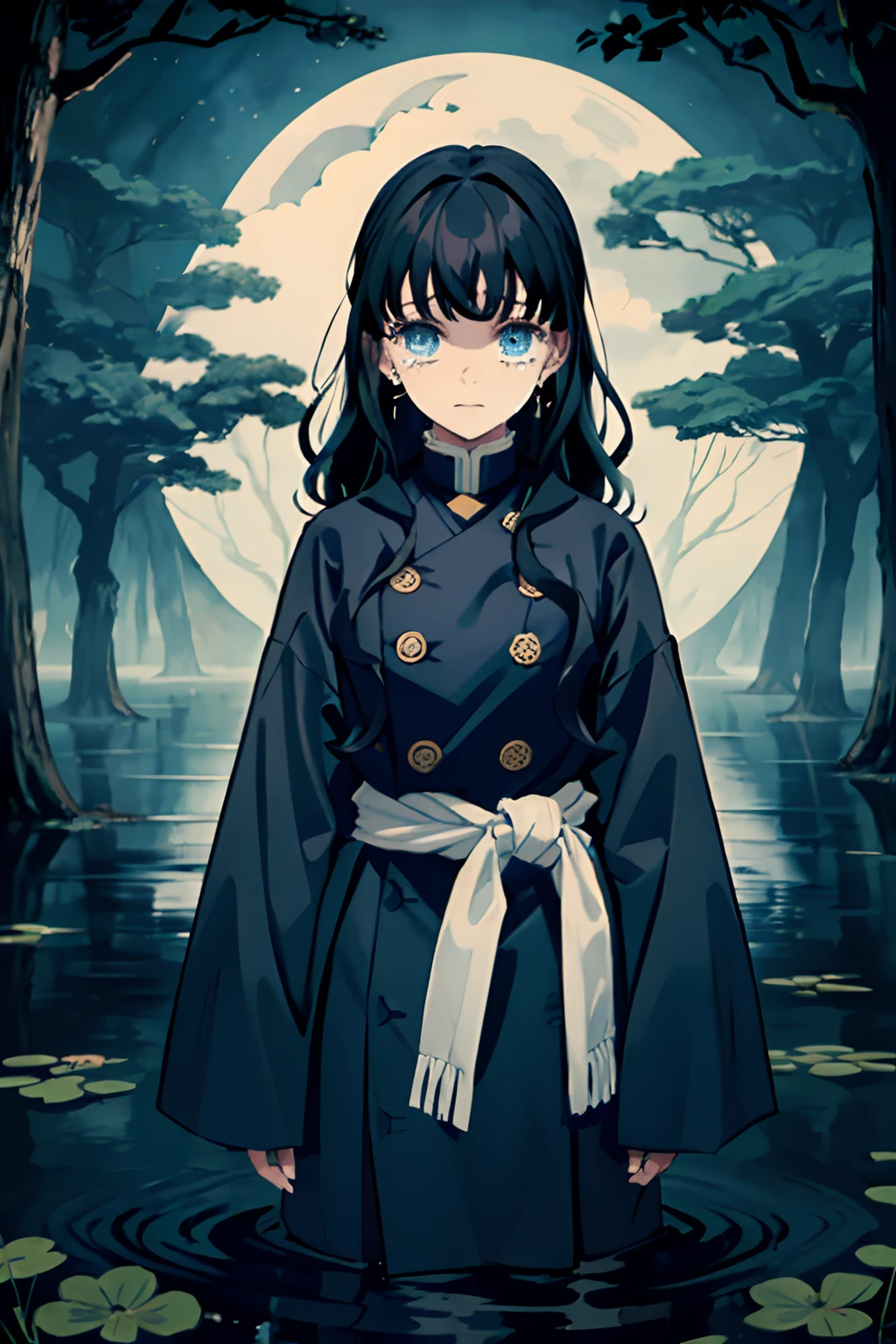 Kimetsu no Yaiba style, 1girl, Medium curly hair,  Sloppy hair, navy blue hair, Two curly strands in front, Bangs, blue eyes,  japanese clothes, ((Open black coat)), ((white hem at the waist)), 独奏,  ((portraite of a)), ((Masterpiece)), (((hiquality))), (((upper-body))), Dark forest in the background, standing knee-deep in water, luna, tears on my face