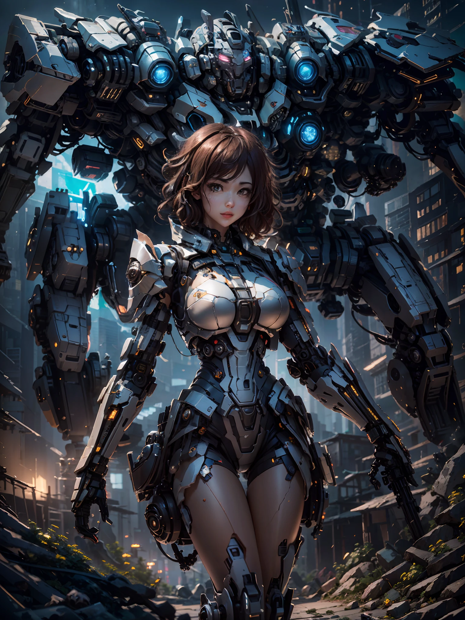 ((Best Quality)), ((Masterpiece)), (Very Detailed:1.3), 3D, Shitu-mecha, Beautiful cyberpunk woman with her pink mech in the ruins of a city in the forgotten war, Ancient technology, HDR (High Dynamic Range), ray tracing, NVIDIA RTX, super resolution, unreal 5, subsurface scattering, PBR texture, post-processing, anisotropic filtering, depth of field, maximum sharpness and sharpness, multi-layer texture, albedo and highlight maps, surface shading, Accurate simulation of light-material interactions, perfect proportions, octane rendering, duotone lighting, low ISO, white balance, rule of thirds, wide aperture, 8K RAW, efficient sub-pixels, subpixel convolution, luminescent particles, light scattering, Tyndall effect