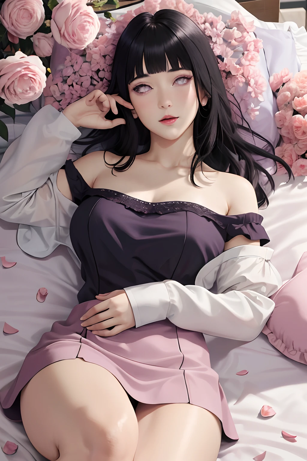 masterpiece, absurdres, hinata hyuga, 1girl, solo,mature female, off shoulder lace mini dress, looking at viewer, (falling petals), perfect composition, detailed lips, big breast, beautiful face, body propotion, blush, (pink lips), long hair, purple eyes, soft gaze, super realistic, detailed, photoshoot, realistic face and body, detail body, detail finger, sexual expression, seductive expression,