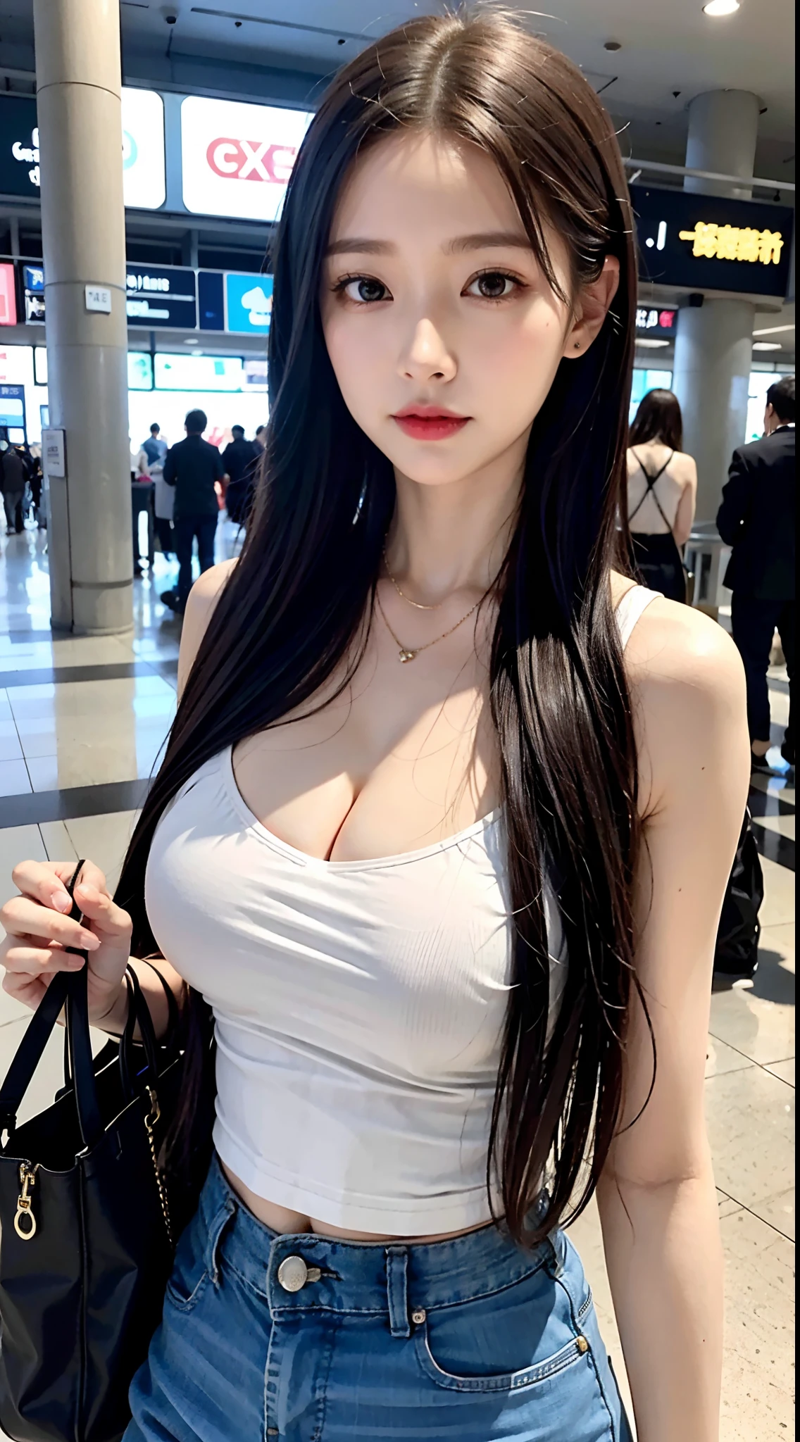 （realisticlying， high resolucion;：1.3）， 1 girl with a perfect body， super fine face and eyes，Long Whitr hair， Tank tops in random colors：1.2, tits huge，Cleavage exposure，（Eurasian jay：1.5）， Close-up cleavage， tmasterpiece， best qualtiy， Raw-Photo， realisticlying， face， Unbelievably ridiculous resolution， depth of fields， high resolucion;， ultra - detailed， finedetail， very very detailed， extremely detailed eyes and face， sharp pupils， Realistic student， Clear Focus Lock， cinematic lightings, sexy clothes, s whole body, At the airport, Dragging a carrier bag