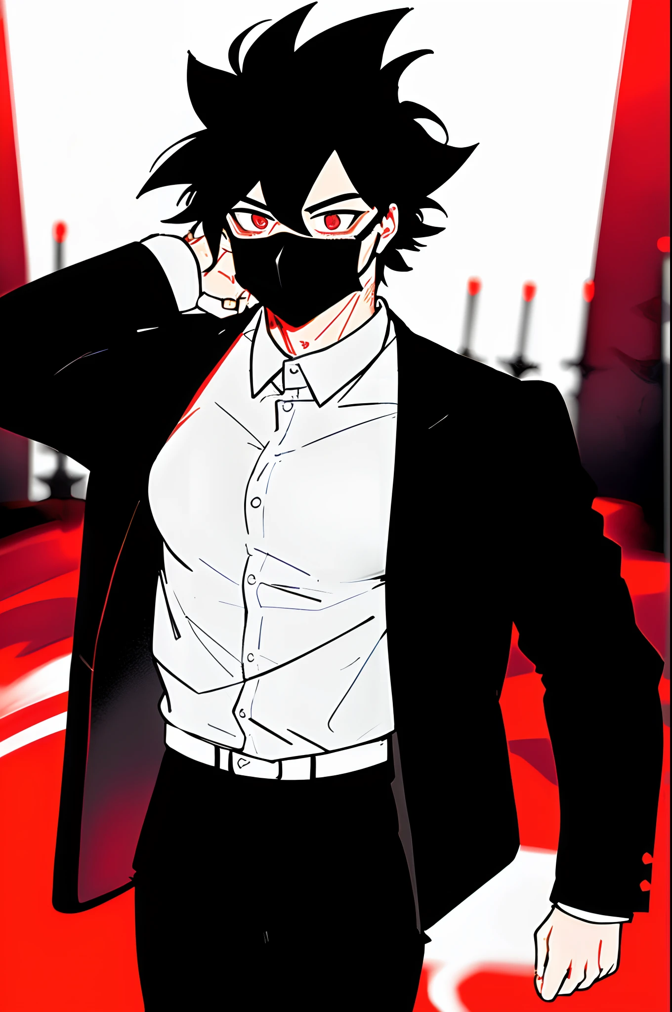 A male , with black Mask in his mouth , black jacket and white shirt , black hair , red eyes , ( have a black ClothMask) , HD , ( black jacket over a white shirt black) , muscle , in the sea , He has the power of control the time , He has muscles , On the ship at night , pushed back black male haircut , looking forward , HD , cinematic lighting , in the night on ship , red aura ,