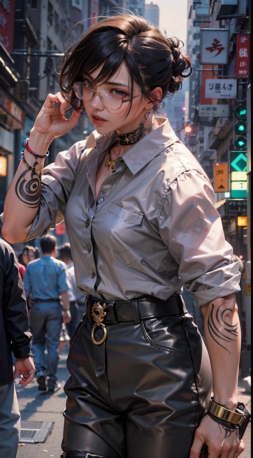 A gangster boss on the streets of Hong Kong， A group of gang members stood behind，angry look，Mixed Korean，The background is blurred out，focal，电影灯光，(((tmasterpiece))), ((best qualtiy)), ((Complex and detailed)), ((ultra-realistic realism)), Ridiculous resolution, A MILF, Mature woman, ssee-through, highly  detailed, illustratio, 1girll, (huge tit), Thin waist and thick hips，long leges，beatiful detailed eyes, short detailed hair, brunette color hair, a purple eye, (Confused boy set:1.2),Leather vest，leather pant，Leather skirt，Naked，stocklings，Lace，Tattooed with，tattooed arms，Full of tattoos，Hong Kong gangsters，Chen Haonan，triad，Causeway Bay carries the handle，Hong Kong gangster woman，The Underworld，full tattoo，Gangster boss，Lunette de soleil，and there is blood on the corners of your mouth，Gangster gangsters，Confused Boy，Bloody violence，Sexy and feminine，（No underwear），pantiess, detailed back ground, perfect  eyes, Seductive eye, （nice hand），Detail hands，looking at viewert，From the front，Wear light，（the underworld），Confused Boy，Behind him stood a large group of subordinates，