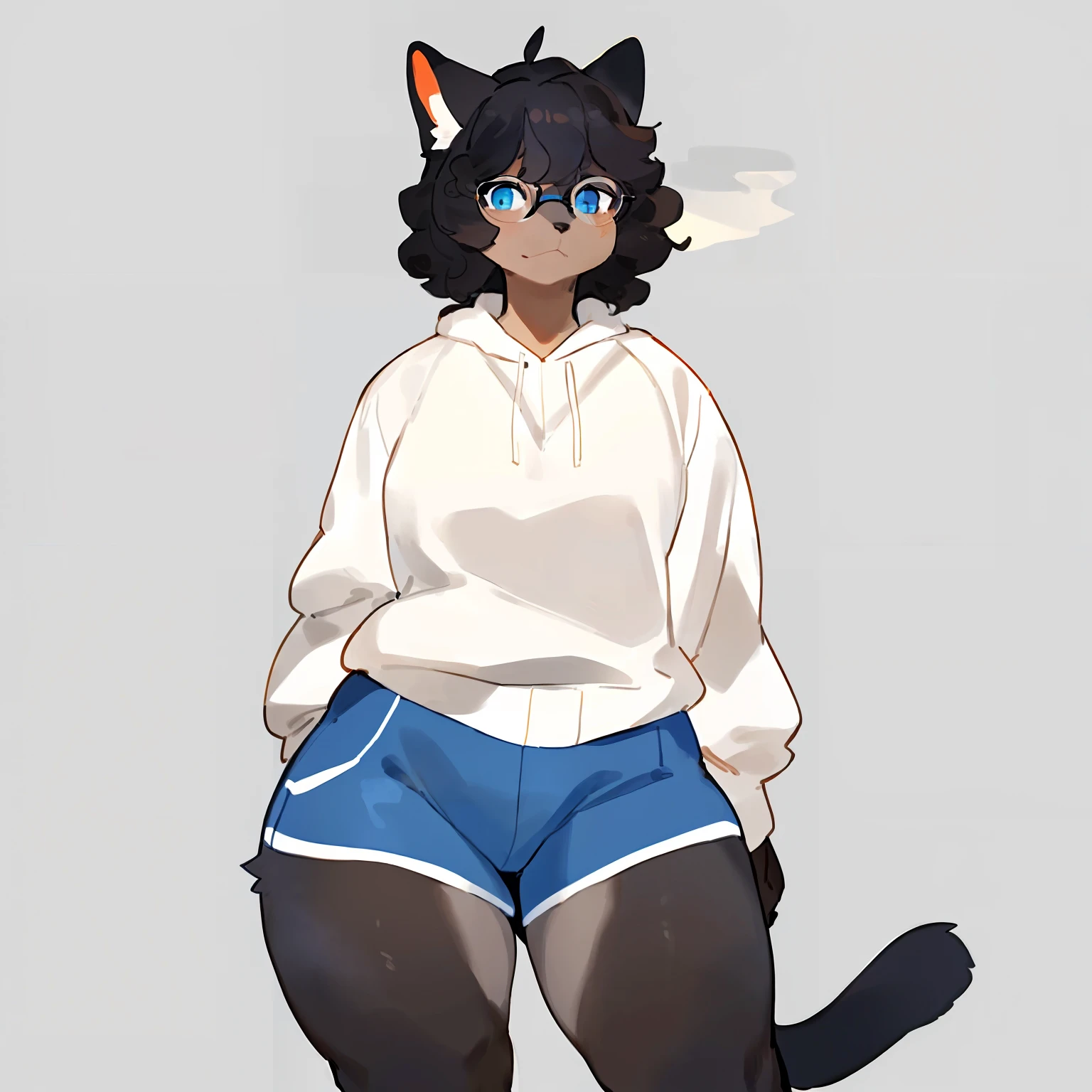 by bebebebebe, by goonie-san, by bigcozyorca, by buta99, solo, female, standing, feline, (((detailed eyes, glasses))), thick thighs, medium hair, ((snout)), tail, smoky colored fur, grey fur, dark fur, black hair, ((wavy hair, short hair, swept fringe)), blue eyes,