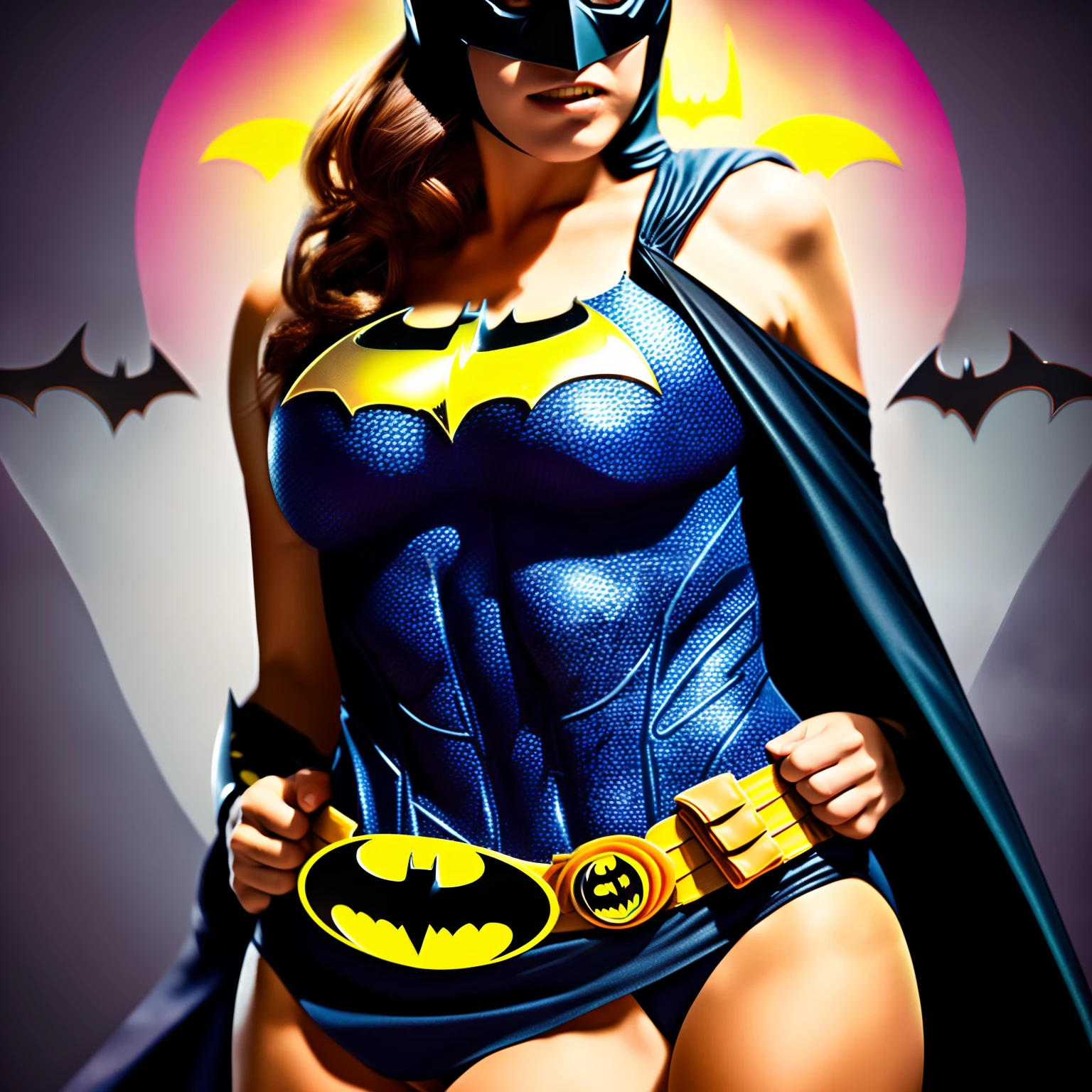 "((Best quality,best illuminate)), Cute model with long gray hair and sporty body, abdominal detail (((Wearing Batman))), Protruding and shedding breasts, Dynamic pose, colorful background, High saturation, vibrant lights."