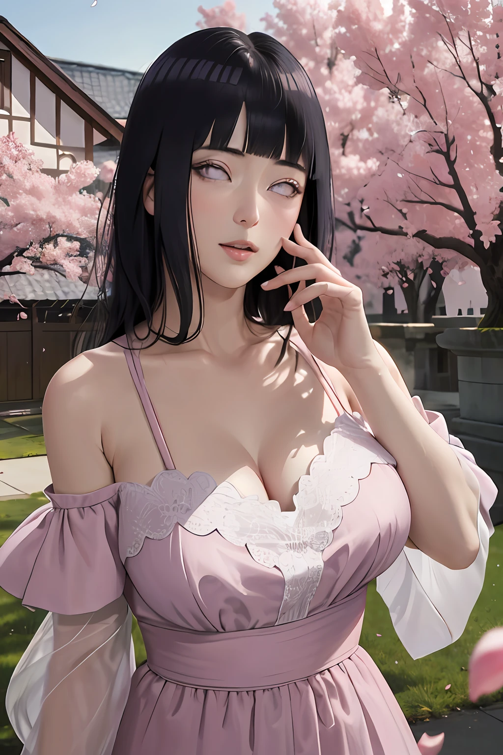 masterpiece, absurdres, hinata\(boruto\), 1girl, solo,mature female, (giant breasts), (round breasts),off-shoulder oversized shirt, looking at viewer, (falling petals), perfect composition, detailed lips, big breast, beautiful face, body propotion, blush, (pink lips), long hair,  purple eyes,  soft gaze,  super realistic, detailed, photoshoot, realistic face and body, back view