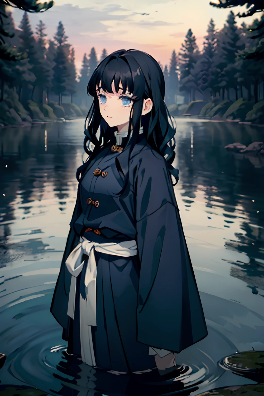 Kimetsu no Yaiba style, 1girl, Medium curly hair,  Sloppy hair, navy blue hair, Two curly strands in front, Bangs, blue eyes,  japanese clothes, ((Open black coat)), ((white hem at the waist)), 独奏,  ((portraite of a)), ((Masterpiece)), (((hiquality))), (((upper-body))), Dark forest in the background, standing knee-deep in water, luna, tears on my face