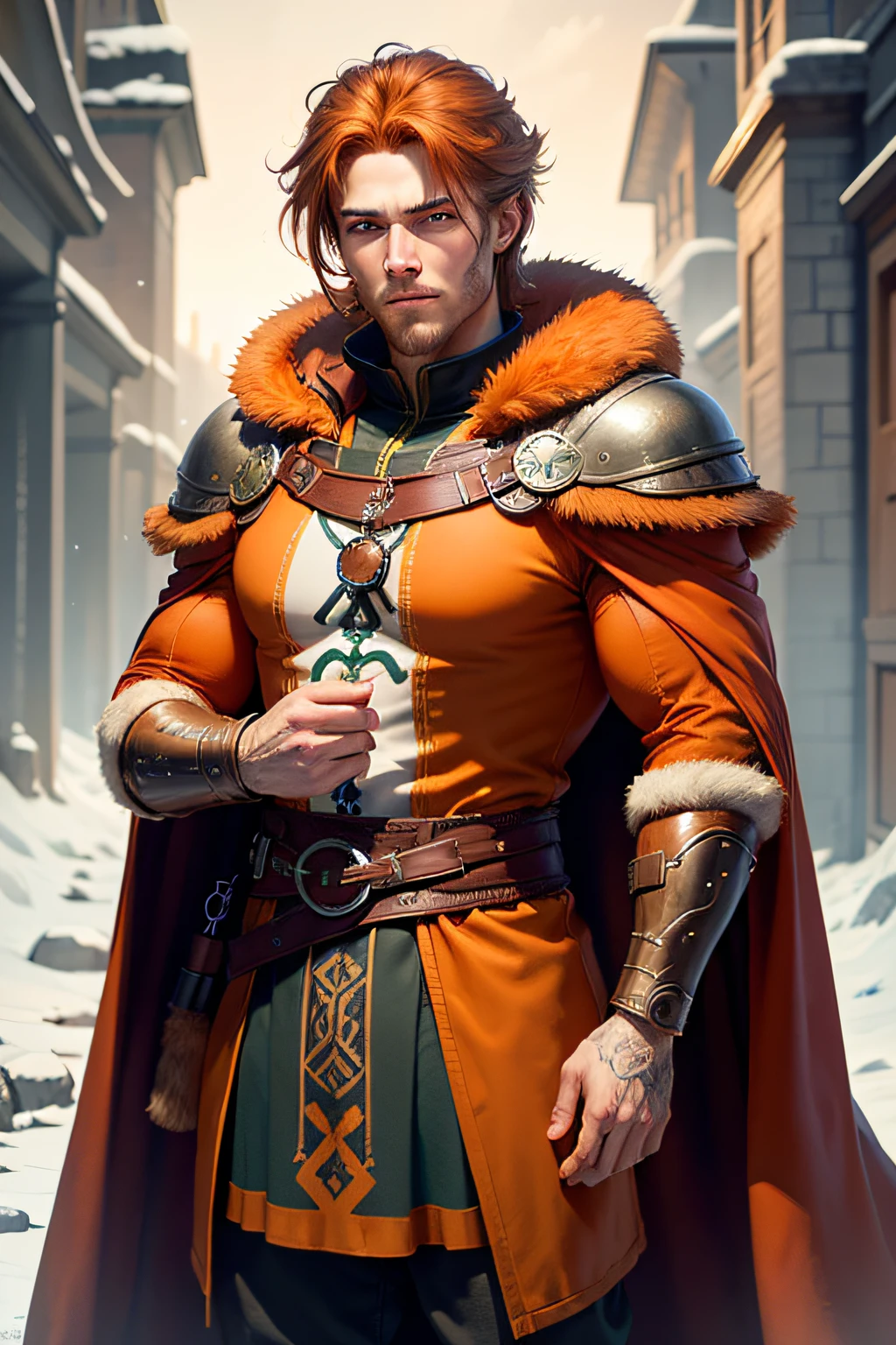 masterpiece, best quality, high quality,extremely detailed CG Mythology, norse god. Snowy mountains, mythical Age. (1Man) See God of Thoughts; A handsome man, blaze green eyeshe had shoulder-length auburn hair (((reddish brown hair))) and blue-green eyes, ((blue-green eyes)) (detailed eyes), as well as looking much younger (((Young face)) than his brothers. He wore a ancient orange and gold nordic tunic ((NORDIC TUNIC)), a fox fur cloak ((orange fur cape)) and thick dark brown pants. Runes tattooed on his arms and part of his face. Handsome. Image 8k, Enhanced graphics, Good quality, volumetric lighting