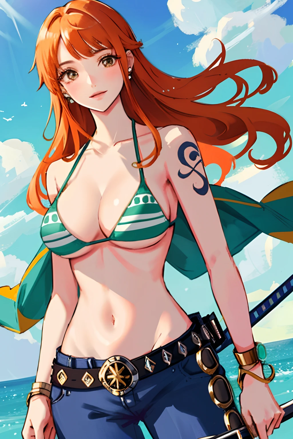detailed background, masterpiece, best quality, 1girl, solo, nami \(one piece\), 1girl, bangle, bangs, bare shoulders, belt, bikini, bikini top only, blue sky, bracelet, breasts, brown eyes, bubble, cleavage, cloud, cowboy shot, day, denim, earrings, floating hair, green belt, green bikini, groin, jeans, jewelry, large breasts, log pose, long hair, looking at viewer, navel, orange hair, pants, shoulder tattoo, sidelocks, sky, smile, solo, standing, stomach, swimsuit, tattoo , looking at viewer