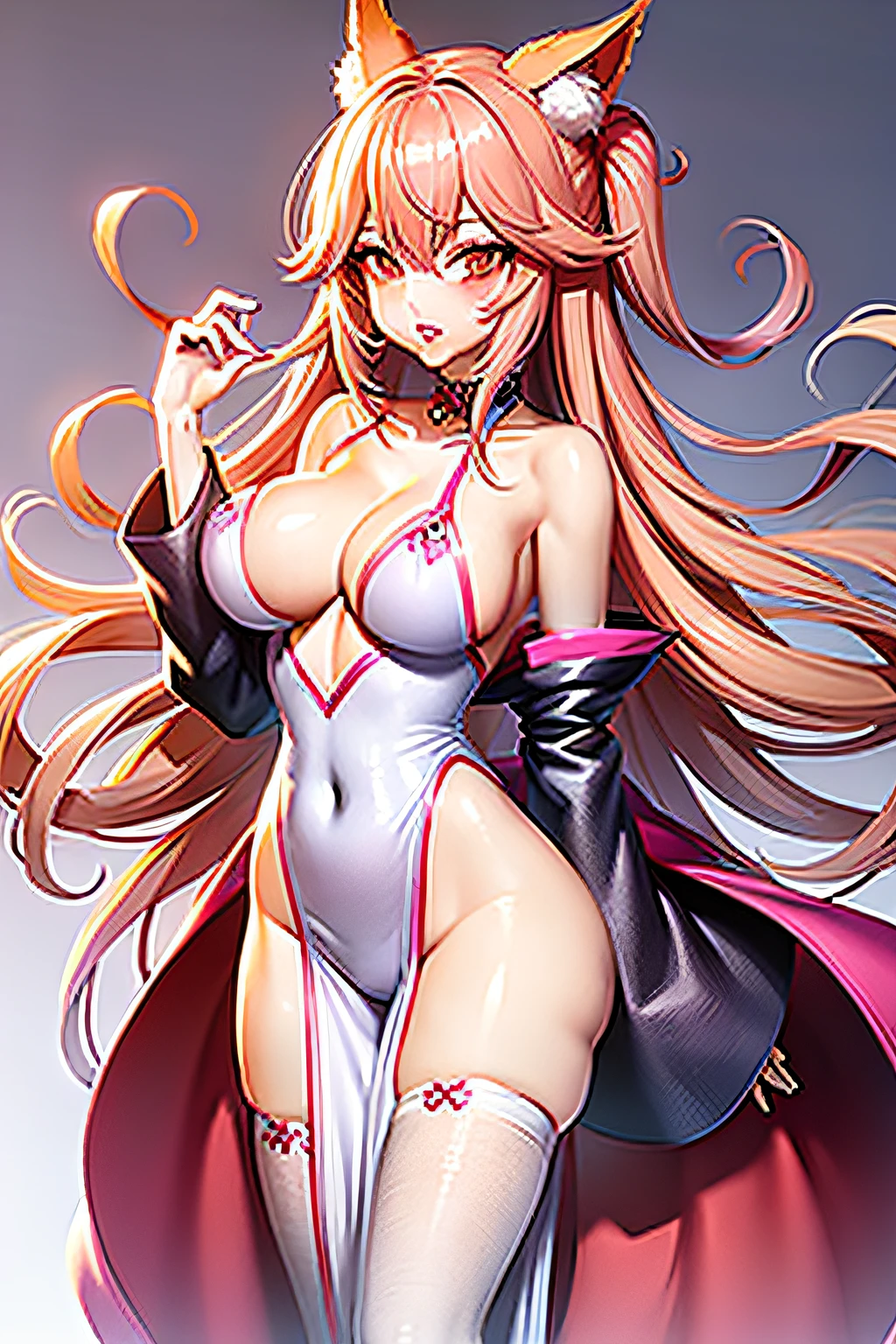 Fox girl,Pink fox tail,详细的脸, (Ulzzang-6500:0.725), Kpop idol, Yae Miko, The sleeves are separated, No shoulder strap, (Side Chest:1.45), Pink Long Hair, japanses clothes, Best quality, (Photorealistic:1.2), (hair adornments: 1.35 ), jewelry, a purple eye, 耳Nipple Ring, huge tit,bodystocking, ribbon_Trim, White dress, (looking viewer:1.25), Unconventional witches,Long sleeves and thick lips,GameCG,stocklings,(Naked breasts:1.25),full bodyesbian