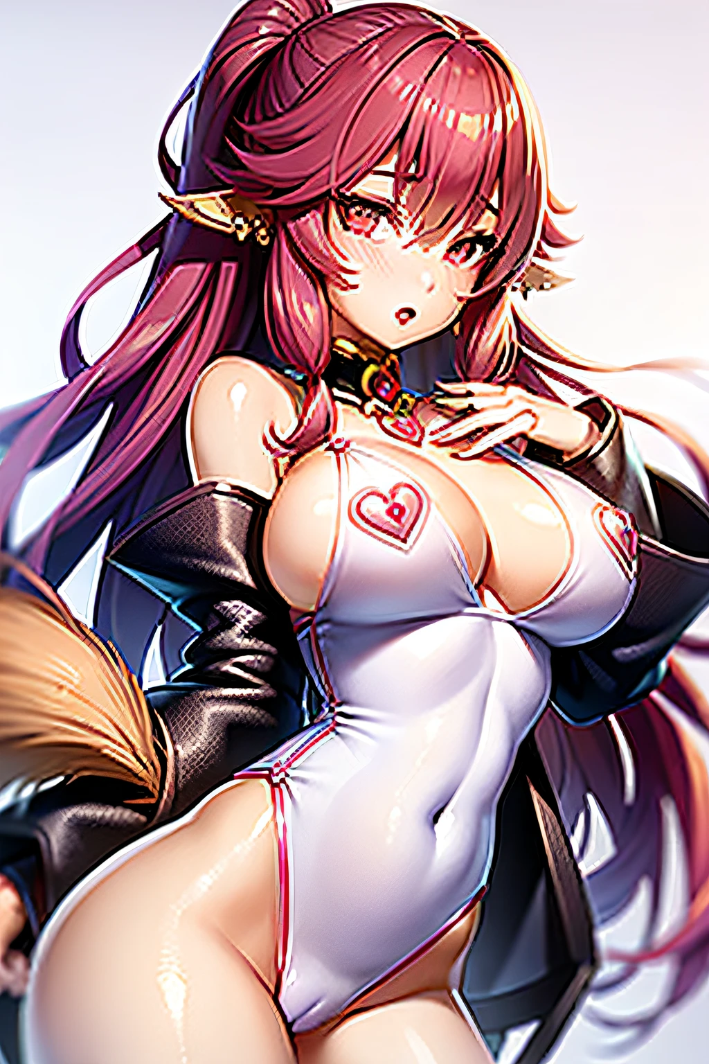 Fox girl,Pink fox tail,详细的脸, (Ulzzang-6500:0.725), Kpop idol, Yae Miko, The sleeves are separated, No shoulder strap, (Side Chest:1.45), Pink Long Hair, japanses clothes, Best quality, (Photorealistic:1.2), (hair adornments: 1.35 ), jewelry, a purple eye, 耳Nipple Ring, huge tit,bodystocking, ribbon_Trim, White dress, (looking viewer:1.25), Unconventional witches,Long sleeves and thick lips,GameCG,stocklings,(Naked breasts:1.25),full bodyesbian