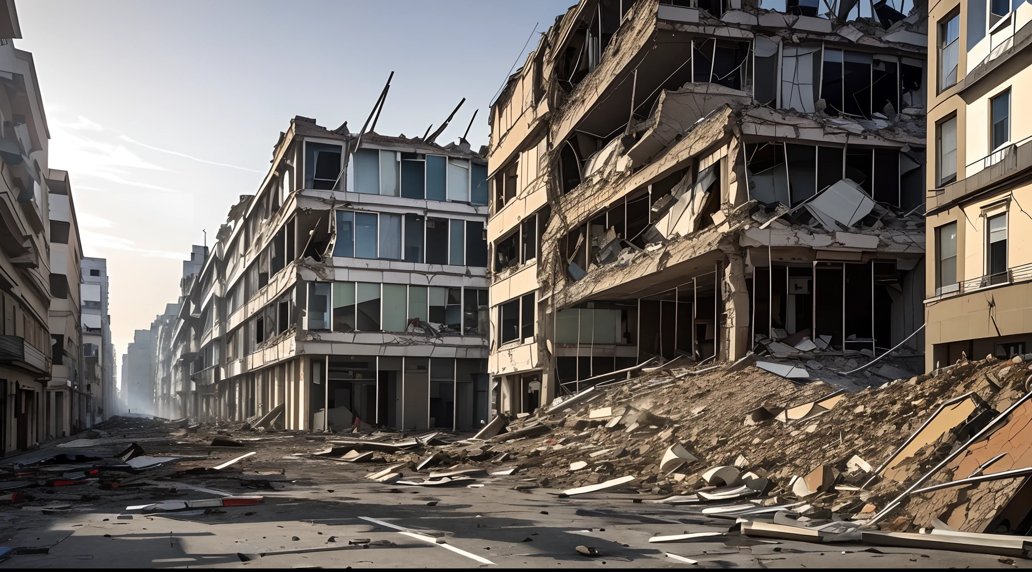 In a bombed, ruined cityscape, The streets were shelled，damaged streets，Destroyed cars on the streets, Destroyed modern building on the left side of the street, The windows shattered，stunning sight,