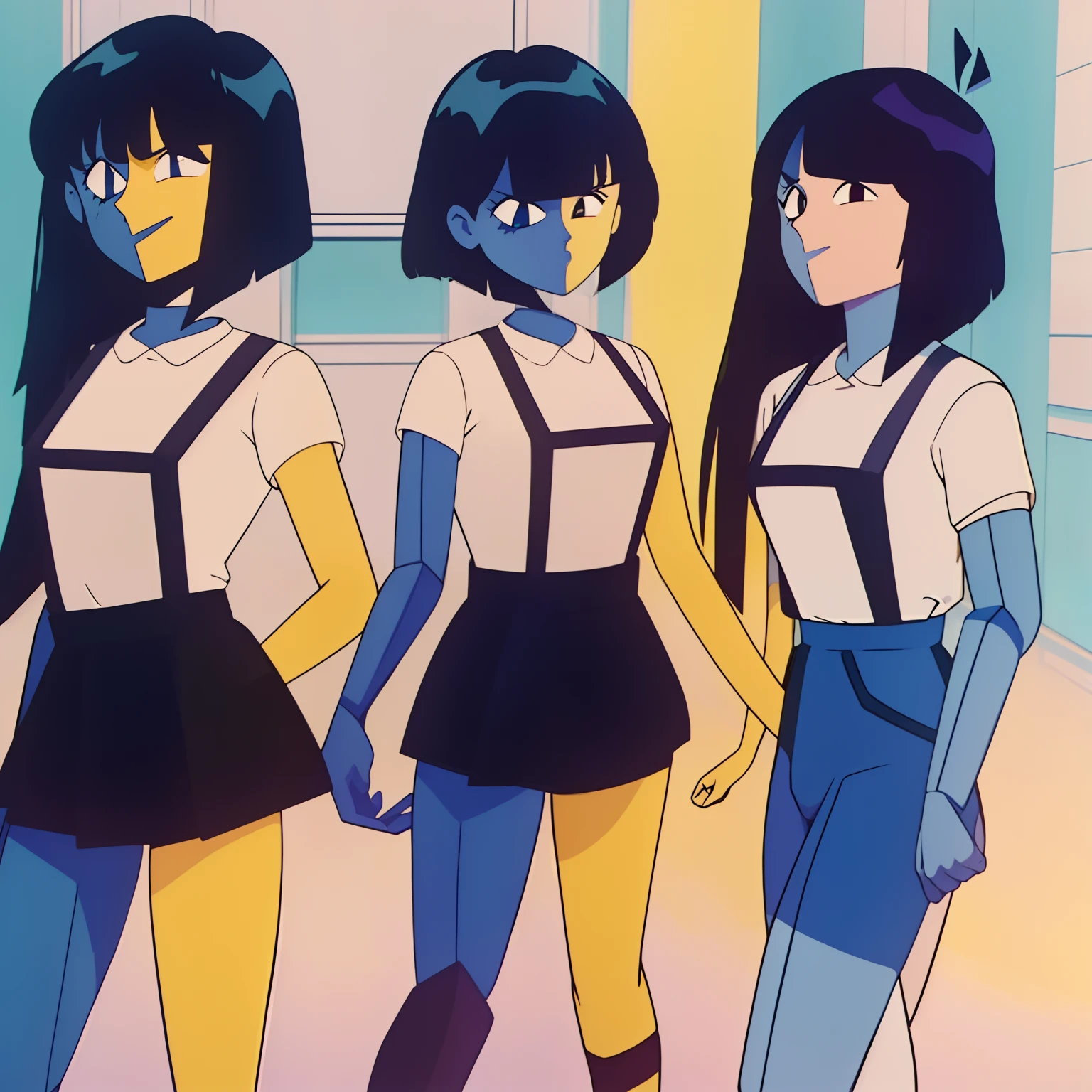 ENA (Joel G), split color body (blue on right, yellow on left), white t-shirt, black skirt with overall straps, 1girl, black socks (thigh-high on right, ankle on left), grain effect on hair, perfect anatomy, better hands, anime style, cowboy shot