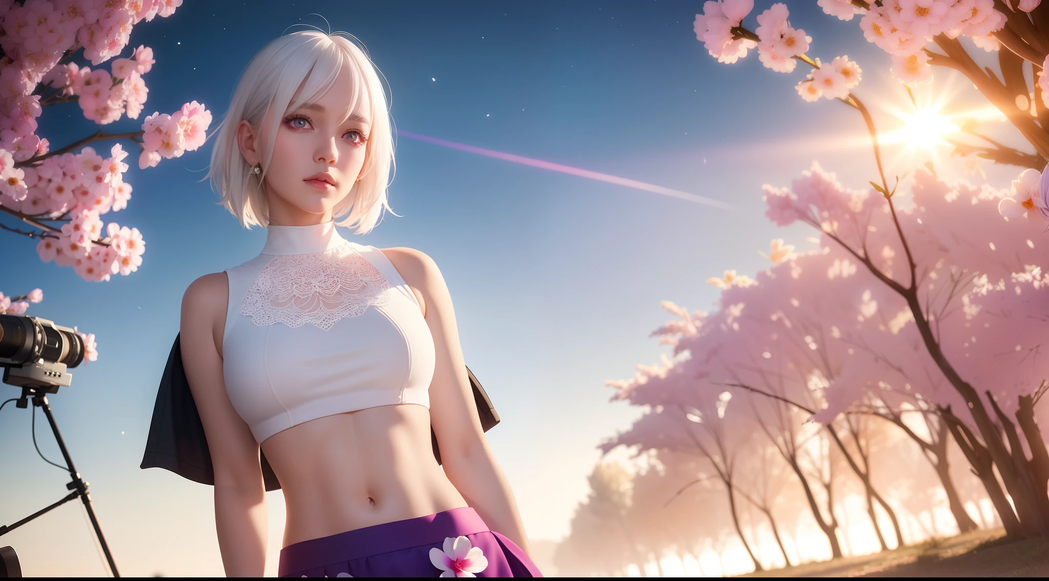 realistic, 1girl, white hair, purple eyes, glowing eyes, crop top, skirt, parted lips, blush, night, flowers, sun, sunlight,