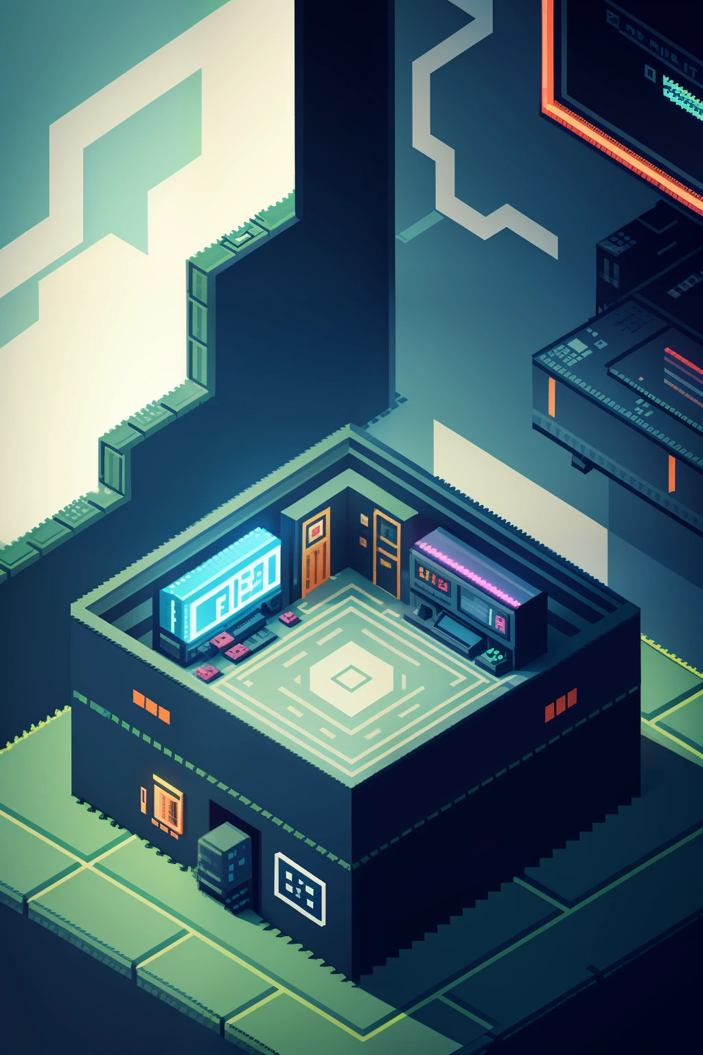 8bit game.  isometric pixelart, Pixel，color blocking，Color checkered，pixilated，Pixel design，cyber punk perssonage，Light sense，Clear pixel grid，2000*2000 size