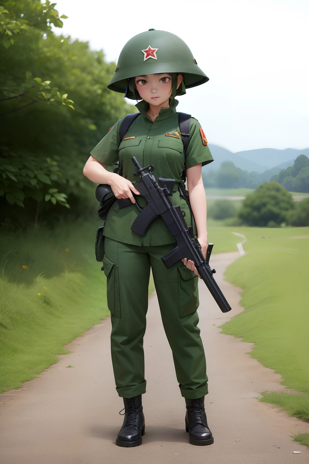 1girl,wear a soldier's shirt, vietnamese, pith, helmet, green headwear, full body, carry a gun