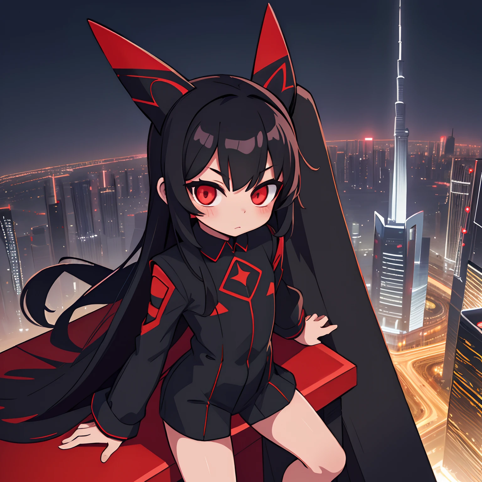 a loli cutie with long black hair, red glowing eyes, petite body, black suit, standing on ledge overlooking city skyline at night, Burj Khalifa