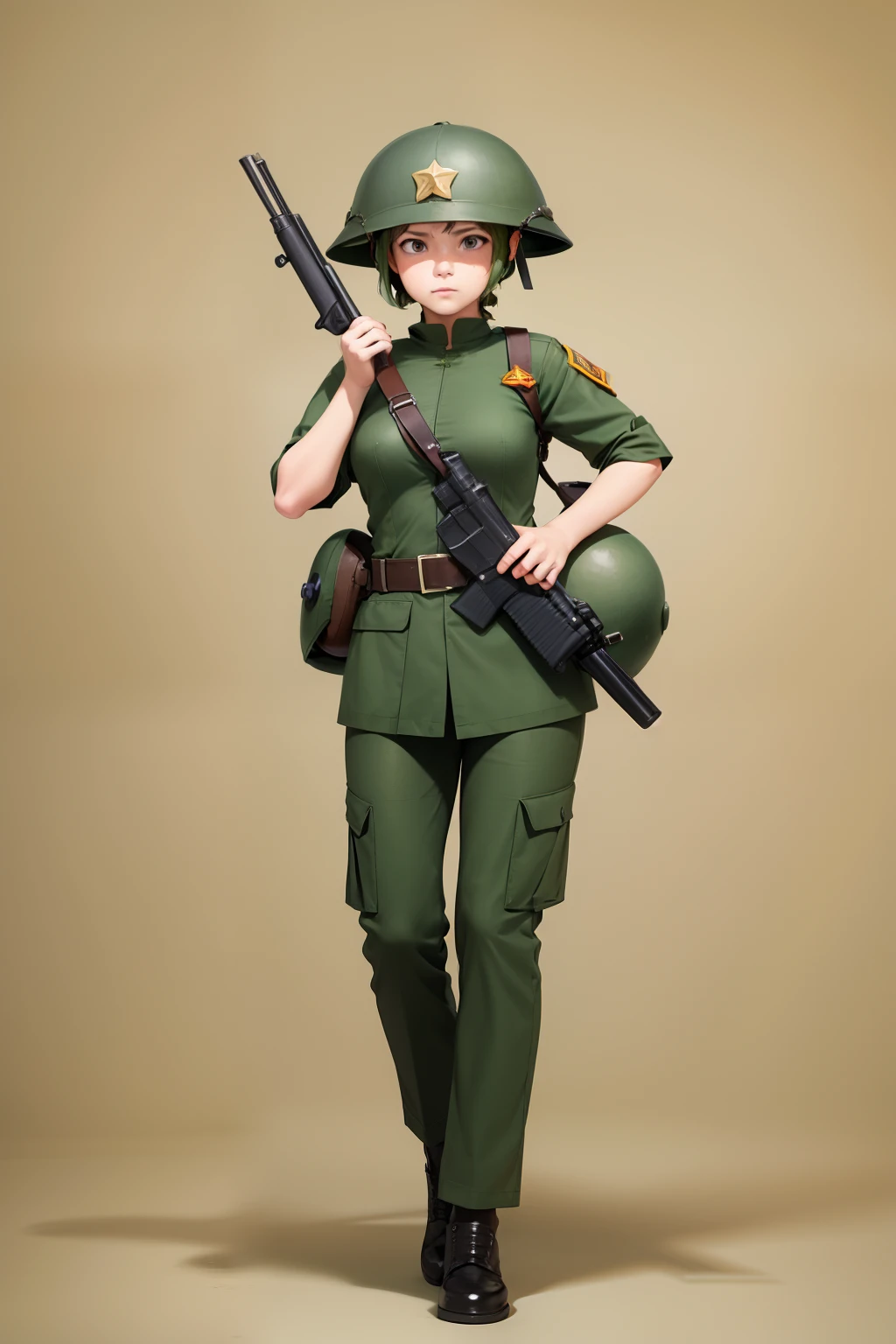 1girl,wear a soldier's shirt, vietnamese, pith, helmet, green headwear, full body, carry a gun