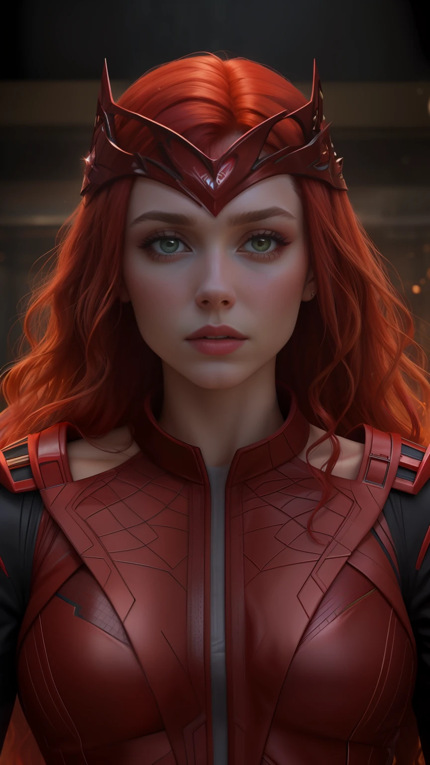 a close up of a woman with red hair wearing a red costume, elizabeth olsen as scarlet witch, scarlet witch marvel, scarlet witch, wanda maximoff, scarlet witch costume, medium close - up ( mcu ), movie still 8 k, red and cinematic lighting, a dark phoenix, 8 k movie, dinamic pose, dark fantasy, evil