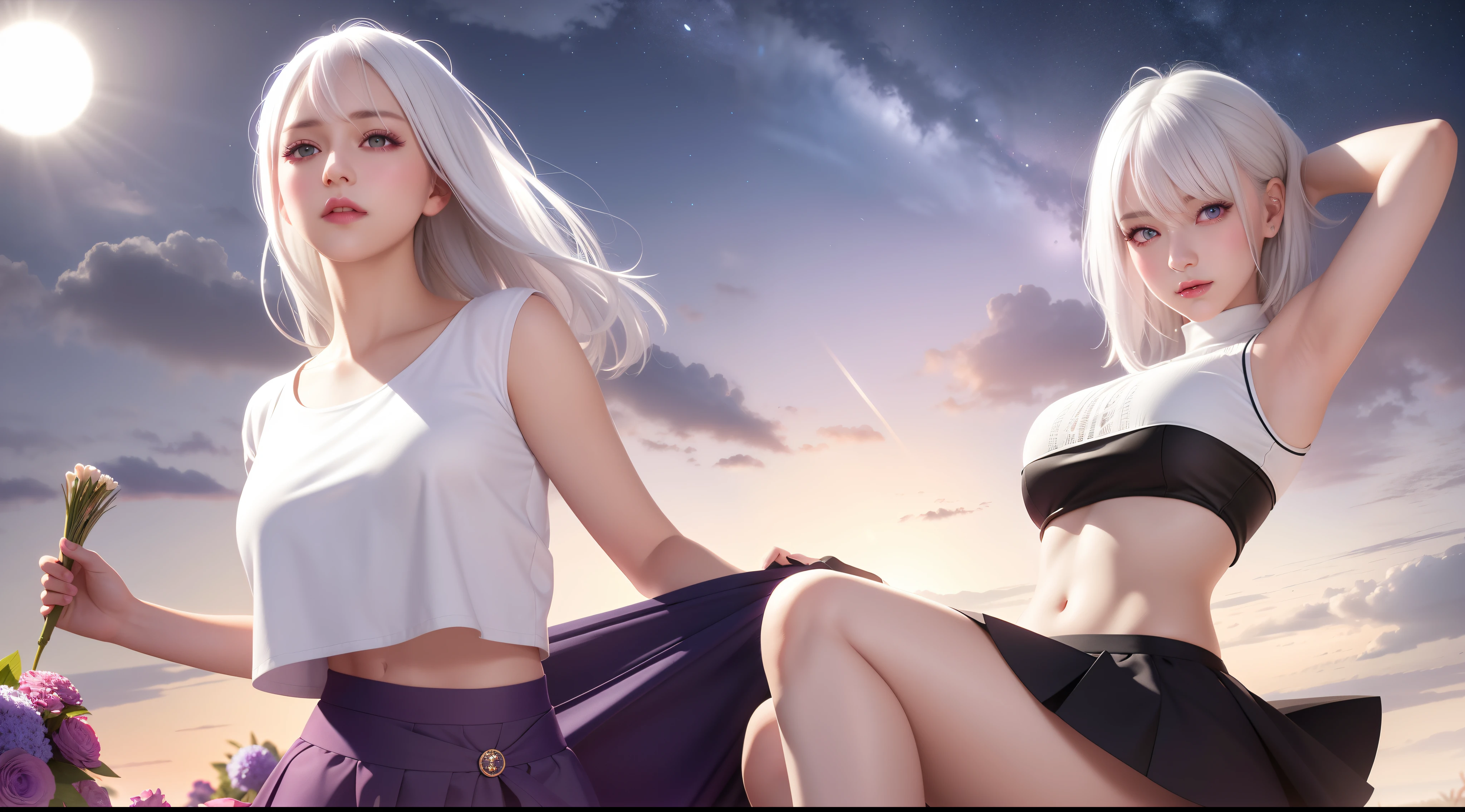 realistic, 1girl, white hair, purple eyes, glowing eyes, crop top, skirt, parted lips, blush, night, flowers, sun, sunlight,