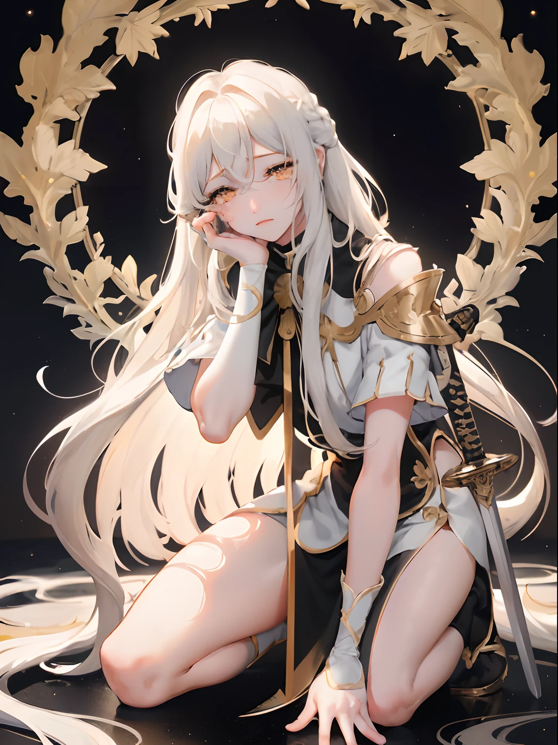 1woman, white long wavy hair, swept bangs, closed ((golden eyes)), tears rolling down eyes, ((calm closed eyed face)), ((holding sword close to face)), black armor, dark sky, pretty eyes, kneeling with one knee to the ground