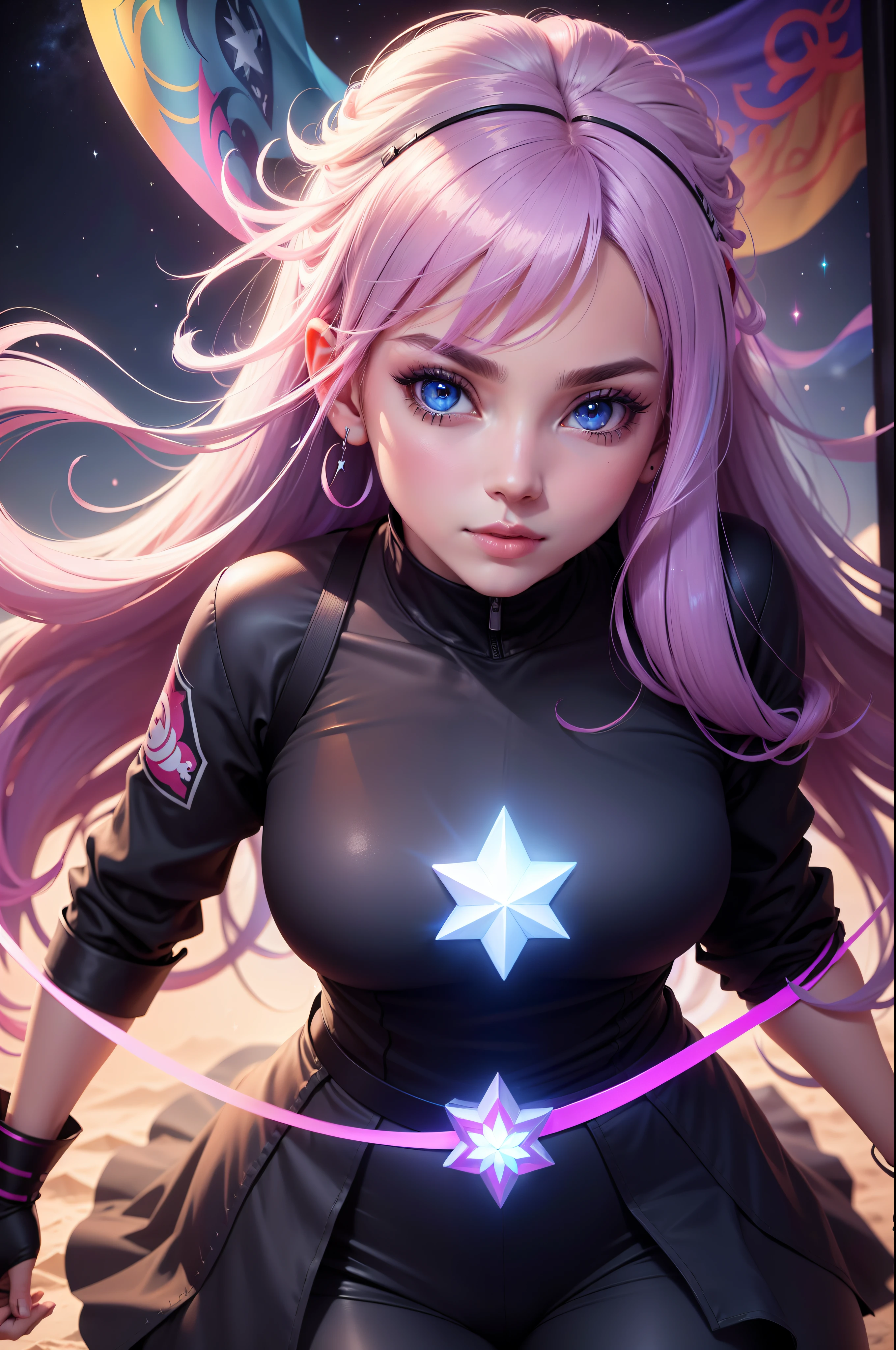 Mulher ninja com fone de ouvido sentido paz, olhos brilhantes com estrela, rosto bonito e peitos grandes, cores RGB, cabelo rosa brilhante, colorido anime, fundo brilhante, Banner for youtube video, menina feliz, nuvens com cores RGB, cores RGB brilhantes, completo, ser celestial, garota gamer.