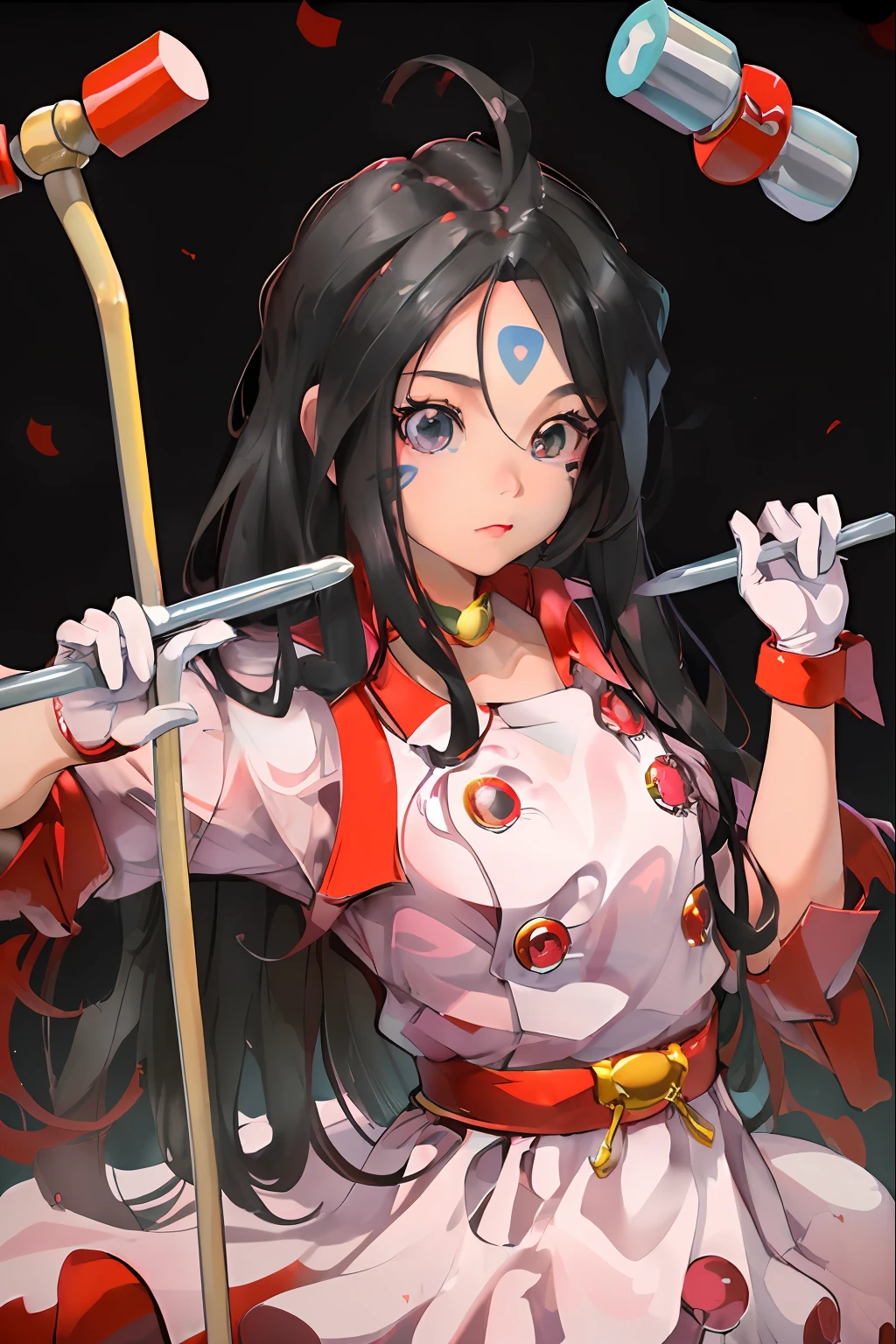 (8k, masterpiece, best quality, official art),
1girl, solo,
kawaii, cute, very big eyes, Aesthetic Anime Eyes, small face,
hmskuld, black hair, facial mark, forehead mark, ahoge, white gloves, jewelry, dress,
red hammer, white handle, holding hammer,