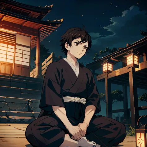 the anime, (best quality), ((1guy)), sitting on the steps of the temple, (night landscape in a japanese temple), ((ultra-short b...