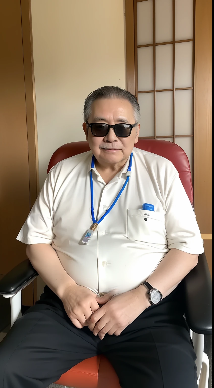 4K、Raw photo、Photoreal Stick、hight resolution、((Male Japan 40 years old))、I'm fat、Facility Manager、Wearing sunglasses、Sitting in a nursing home office chair、Looking at the camera