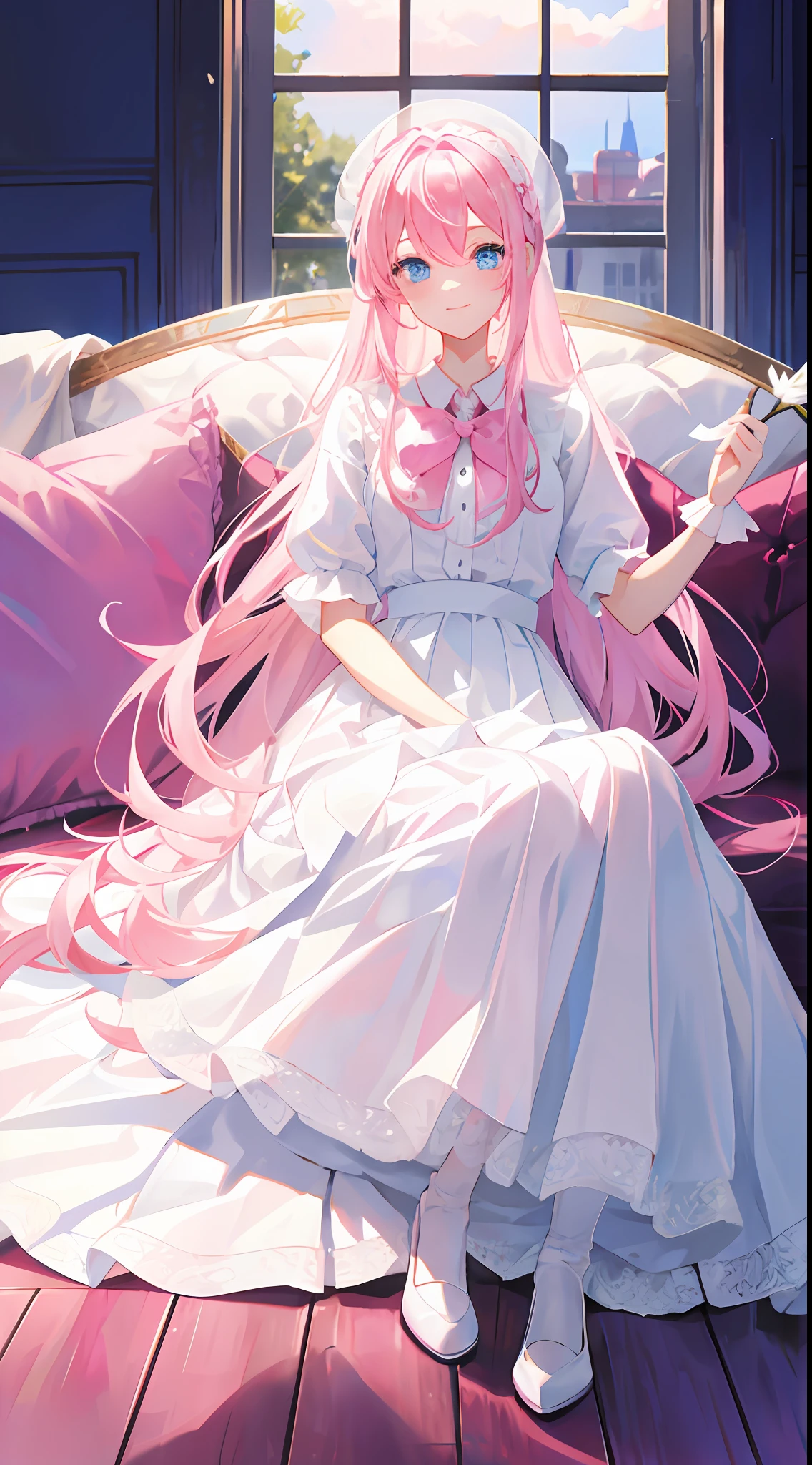 Pink hair,Blue eyes,long whitr hair,a queen,white transparent long skirt,Flirting skirts,white stockings,pink panty,Be red in the face,ssmile,Sit on the sofa