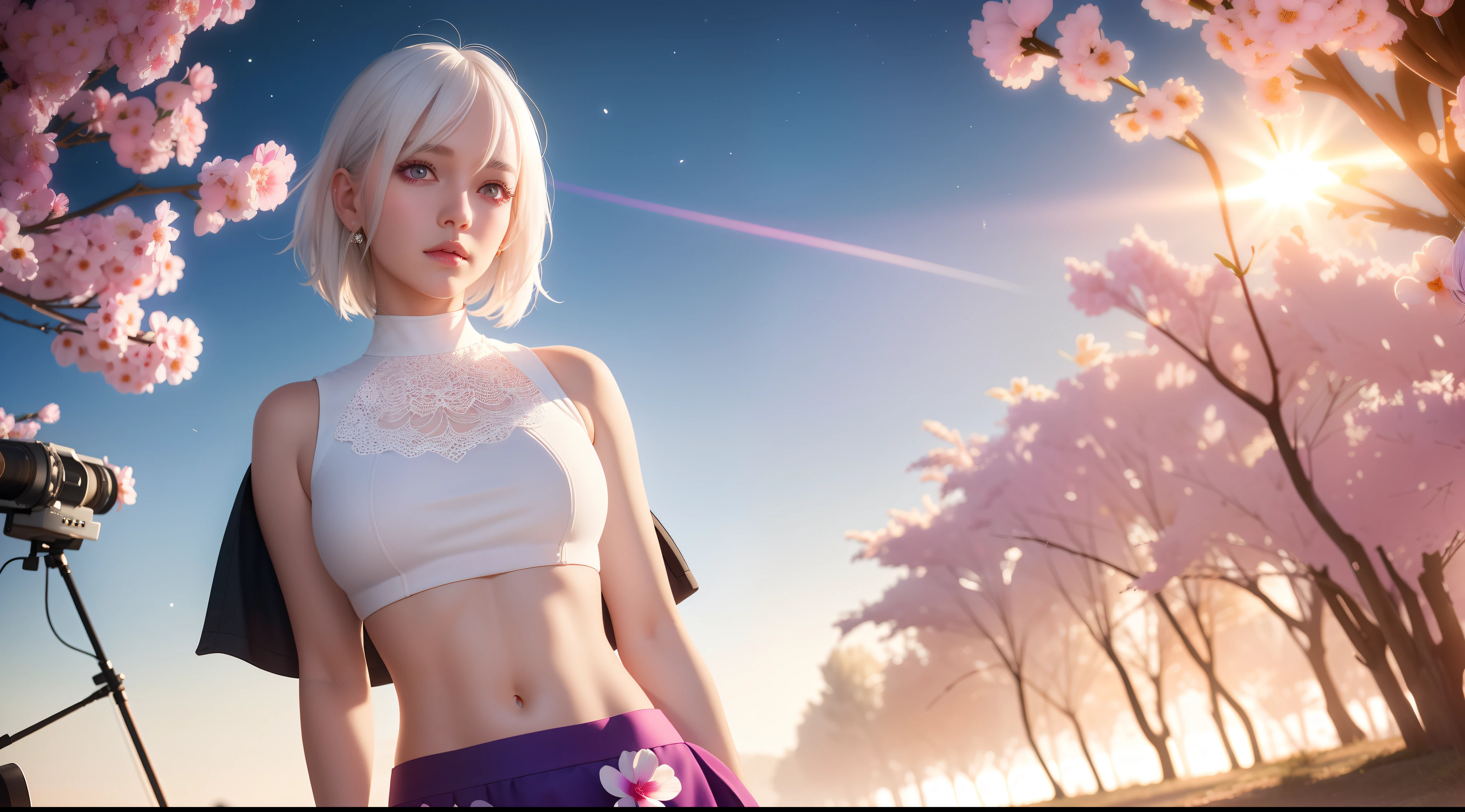 realistic, 1girl, white hair, purple eyes, glowing eyes, crop top, skirt, parted lips, blush, night, flowers, sun, sunlight,