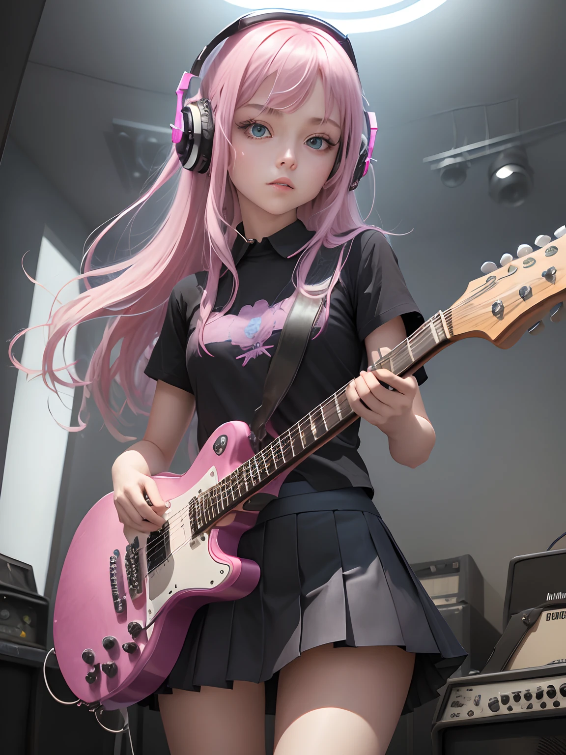 ((Masterpiece,Best quality，wallpaper hd，Youtube cover))1girll, Solo, Black skirt, Blue eyes, Electric guitar, guitar, wearing headphone, Holding, holding plectrum, instrument, Long hair, , music, one side up, Pink hair, playing guiter, Pleated skirt, Black shirt, inside bedroom，Cosy home，rich background。plethora of colors。