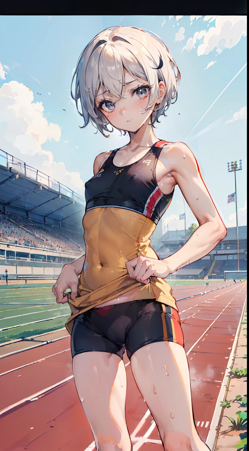 (masterpiece, 4k ,ultra detailed:1.2),(beautiful face:1.2),(anime:1.2),illustration,(solo:1.2),(looking at viewer:1.4),(supermodel:1.3),(track and field athlete:1.4),(track and field uniform,separate uniform:1.4),(bike shorts:1.4),(running:1.5),(sweaty skin:1.3),(white hair),,(absurdly short hair:1.5),(white panties),(string,abs,bouquet,child,small breasts,petite:1.1),(sfw,nipple,flat chest,dress,sports bra:1.5),(cinematic angle),(full body:1.2),(Camel toe:1.3),(track and field field:1.5)