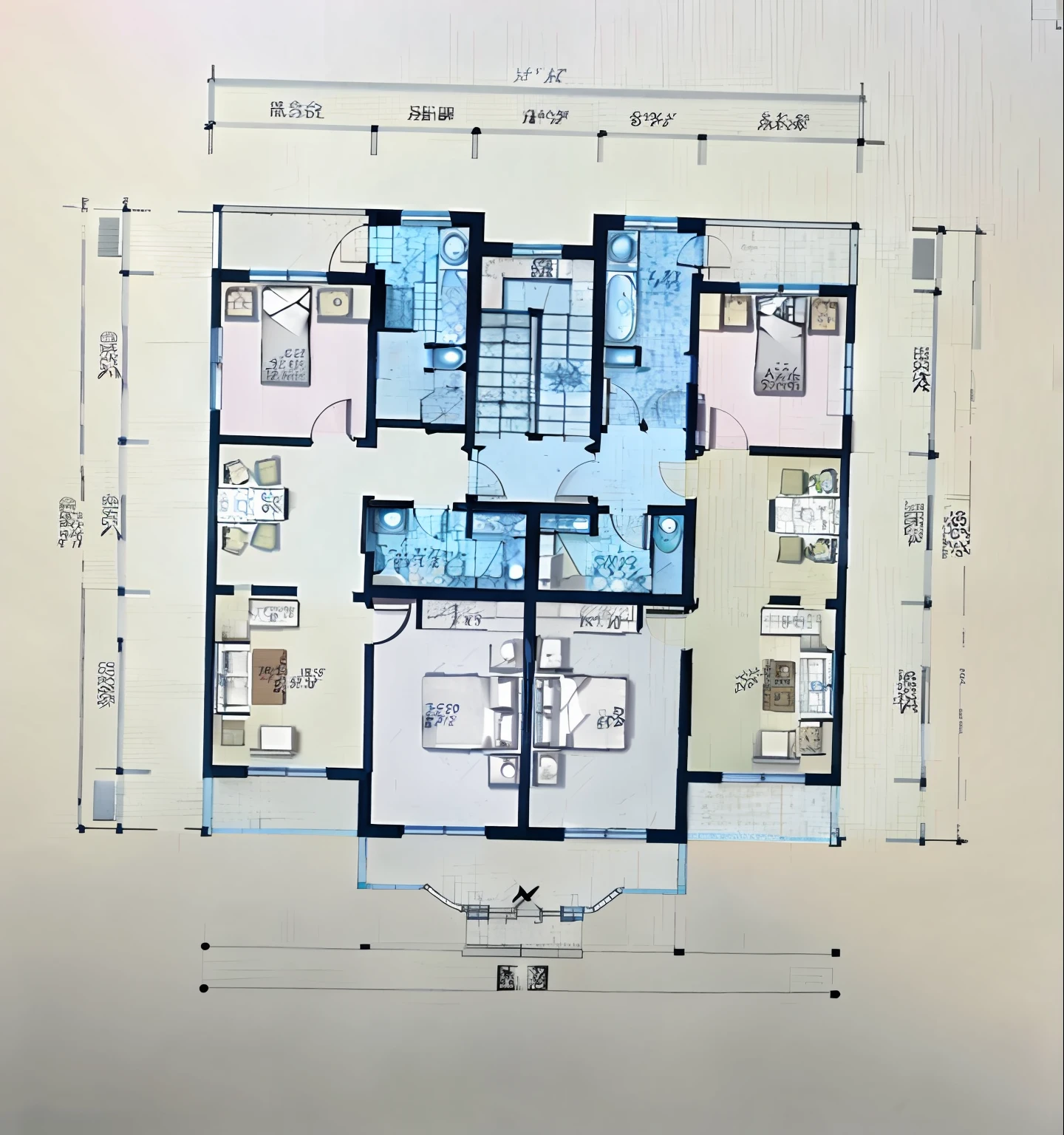 Floor plan of four bedroom apartment with living room, architectural plans, 2 d overhead view, 256x256, 2 5 6 x 2 5 6, floor plan view, Floor plan, flat drawing, architectural plans, apartment design, top - view, flat 2 d, single floor, Top view, blueprint, Blue print