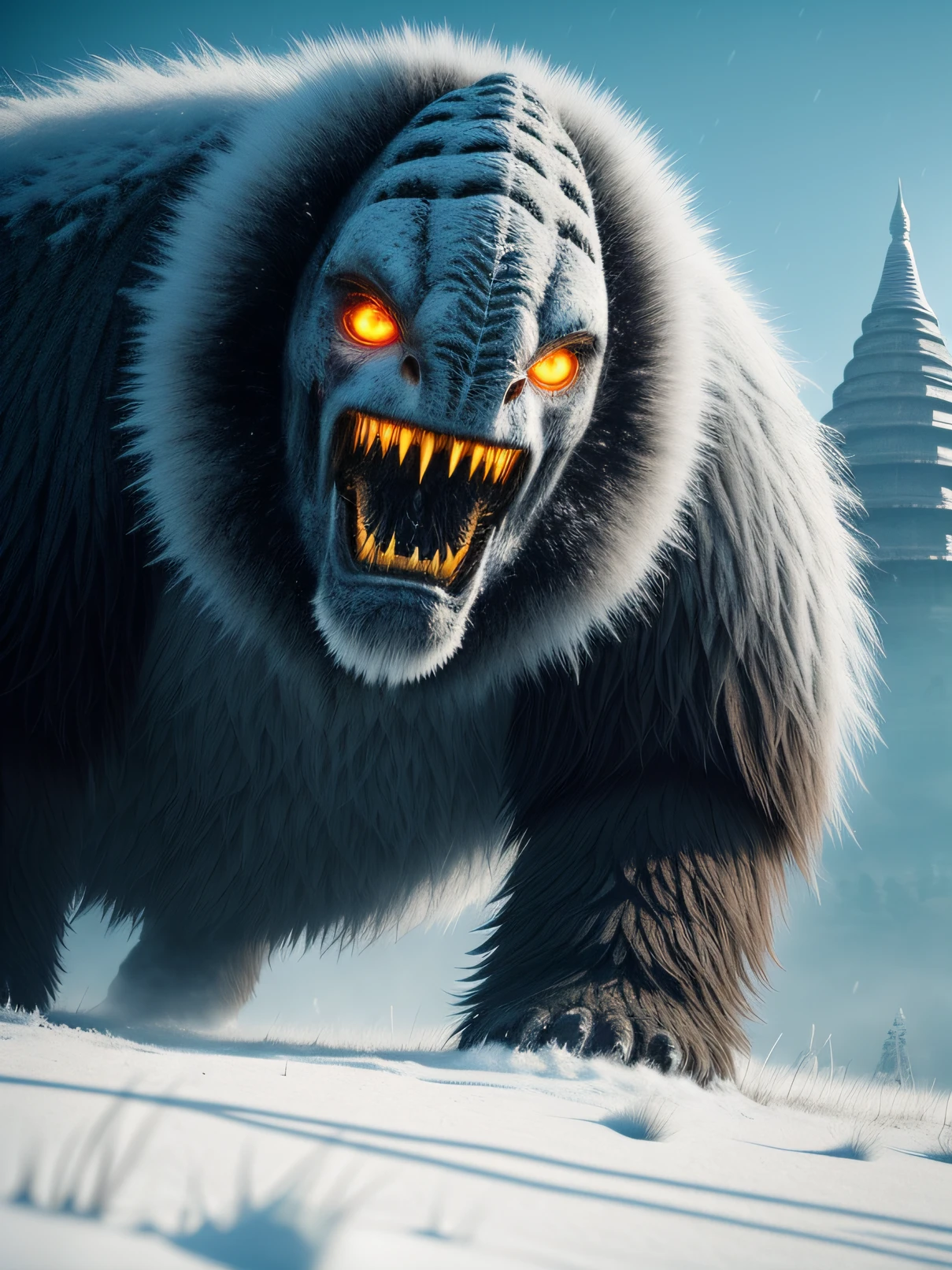 (Extreme close-up) photos (Scared:1.1) (snowfield:0.9), (tall grass:1.2), (A giant old dead alien beast:1.2), There is no light in the eyes, orange light reflection, Falling snow, icing. A scary jungle , Full Body Movement, running , (Pagodas, 12th century, 1.2), rays of sunshine, insanely details, Cinematic, epic realistic, Intricate details, ultra-detailed, High quality, primitive,