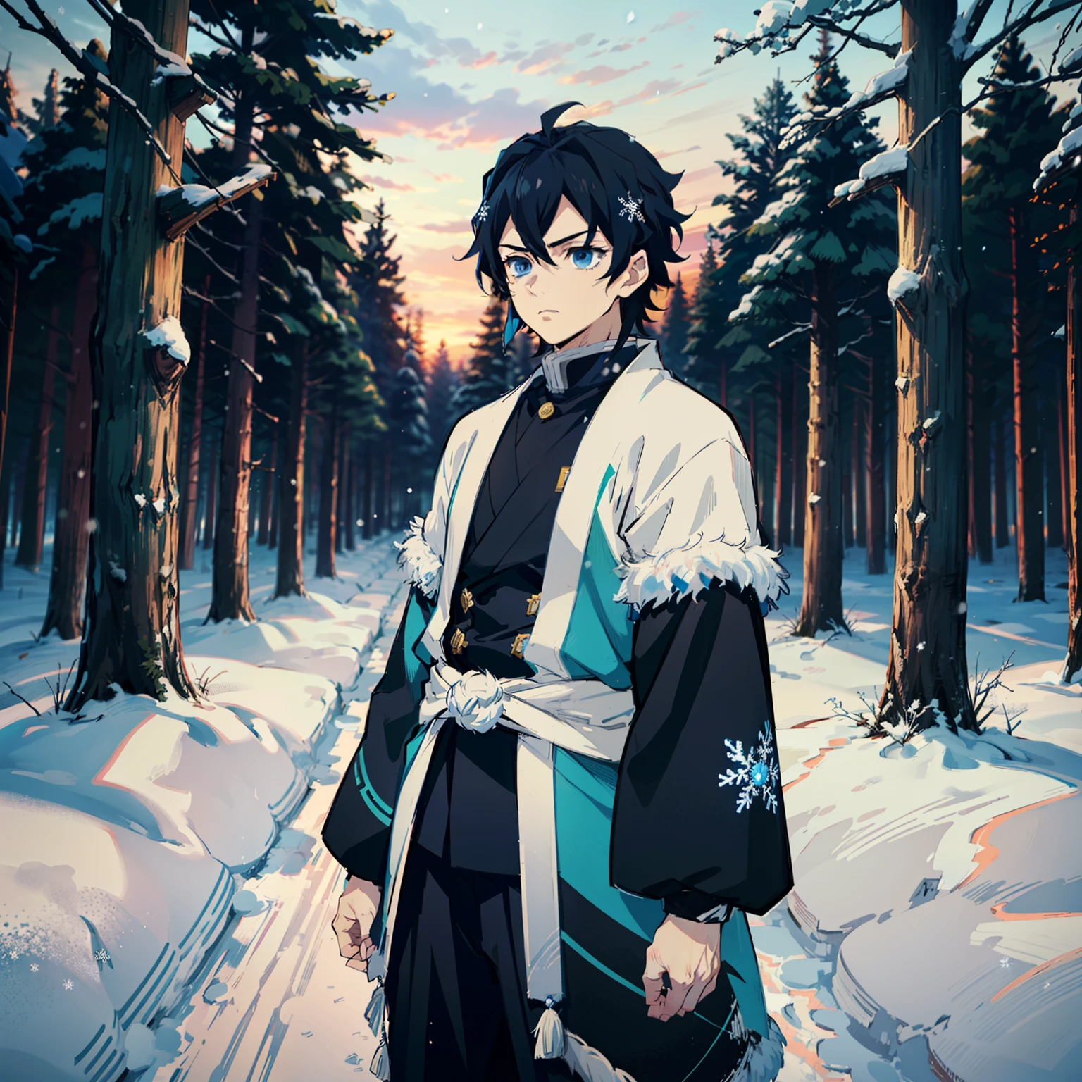 the anime, (Best Quality), 1guy, stands still, (broad-shouldered), (Snow-covered forest with sunset), messy black hair (short), ((Impassive blue eyes)), japanese clothes, Open blue coat ((blue with snowflake patterns)), ((hem at the waist)), The Art of the Demon Slayer, demon slayer artstyle, kimetsu no yaiba